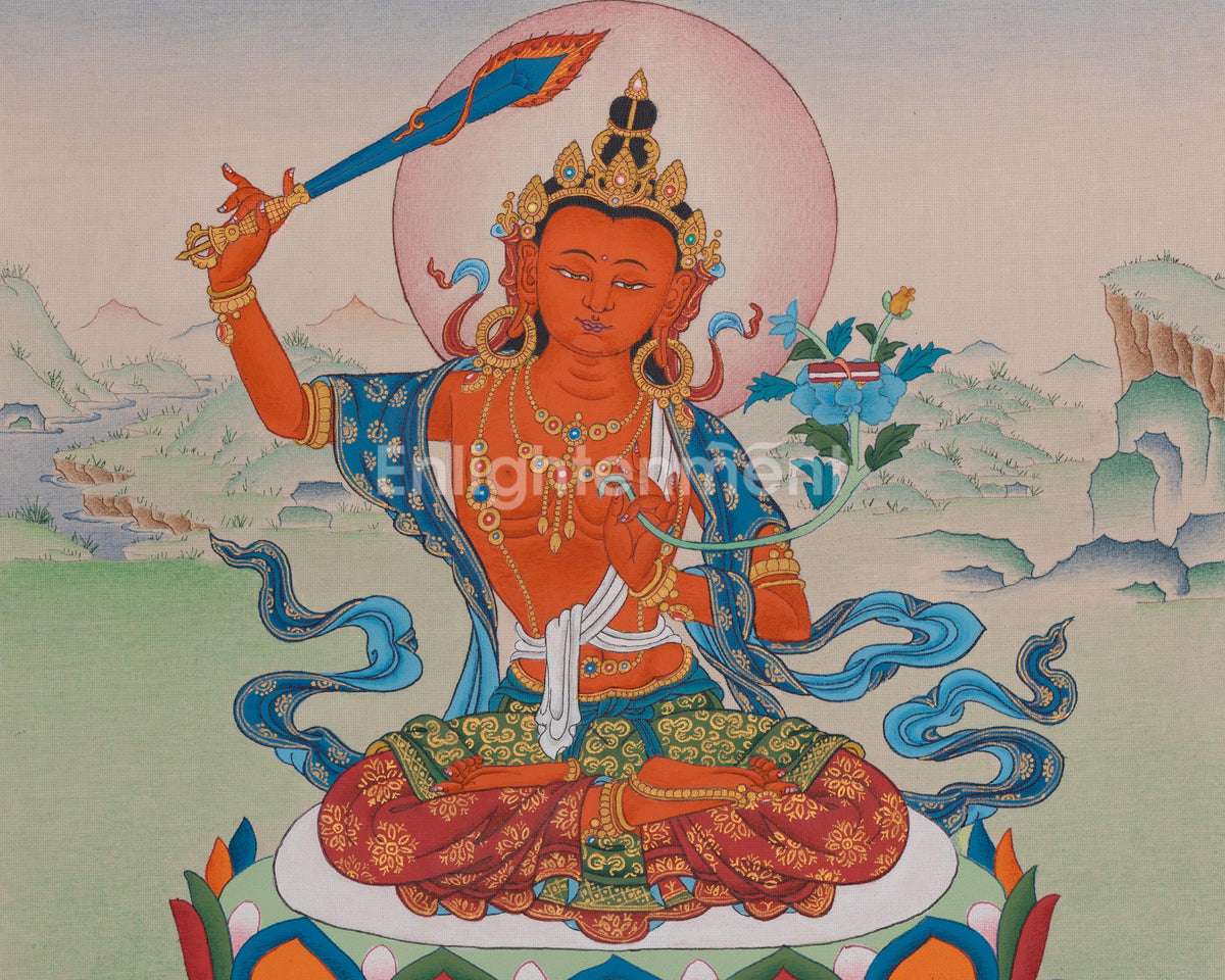 Manjushri Hand-painted Thangka | Sacred Embodiment of Transcendent Wisdom and Knowledge