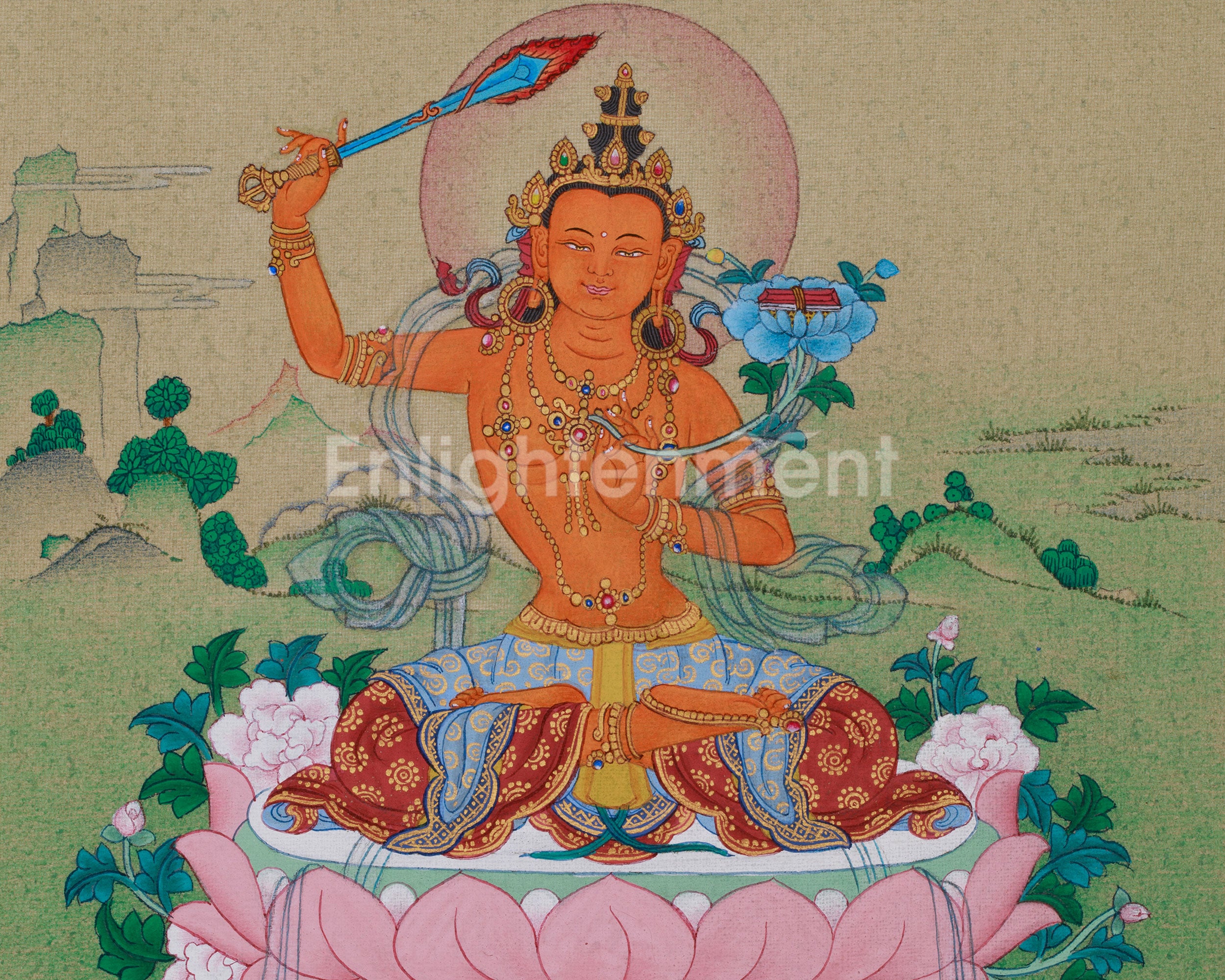 Embodiment Of Wisdom Manjushri Thangka | Wielding Flaming Sword