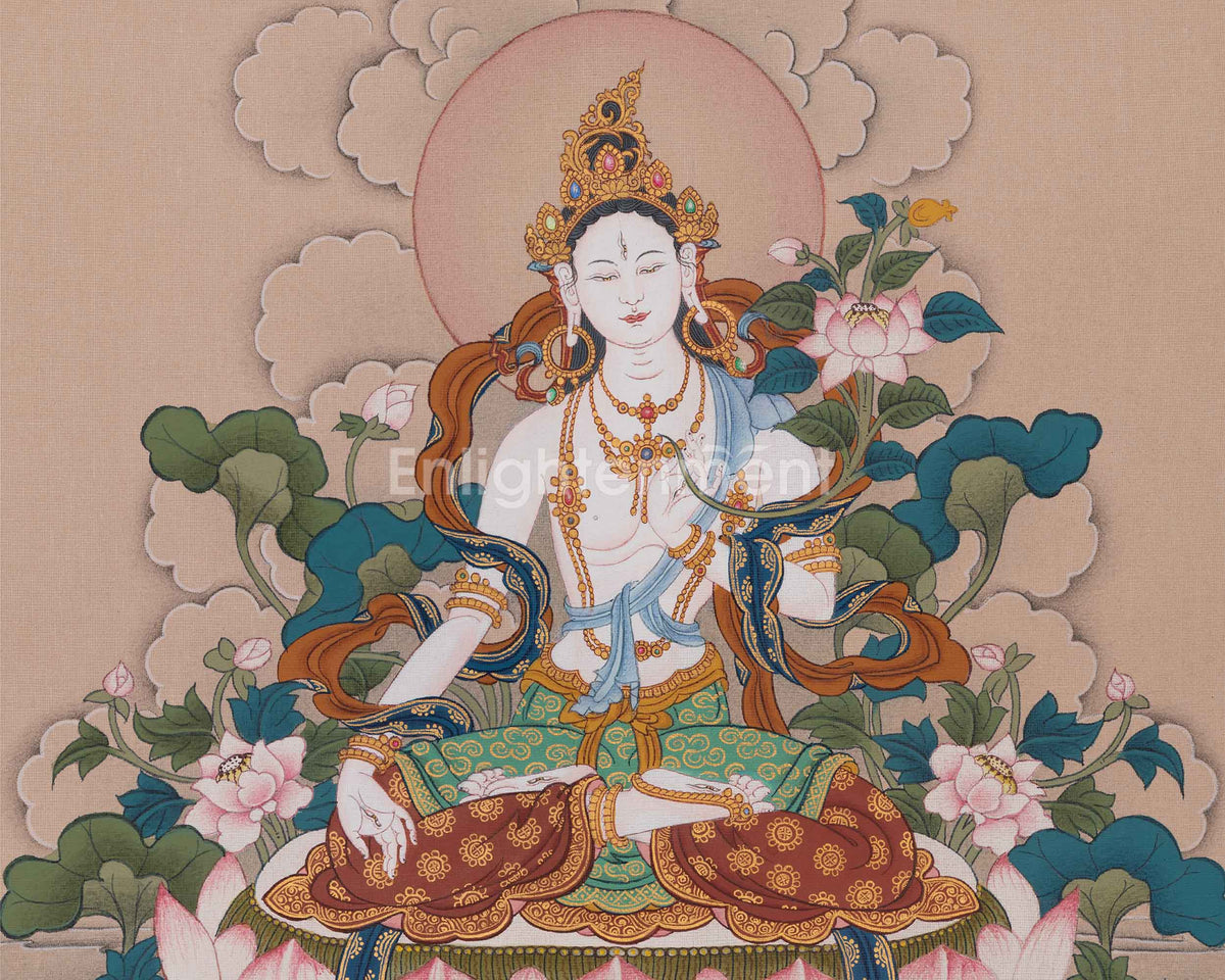 White Tara Hand-painted Thangka | Seven Eyed Deity | Healing Goddess