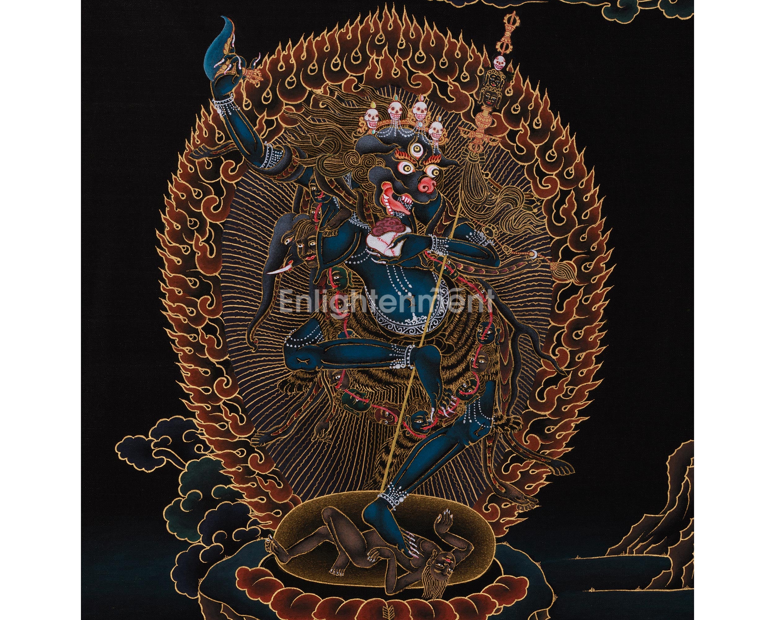 Black and Gold Wrathful Deity Simhamukha | Lion-Headed Dakini Thangka