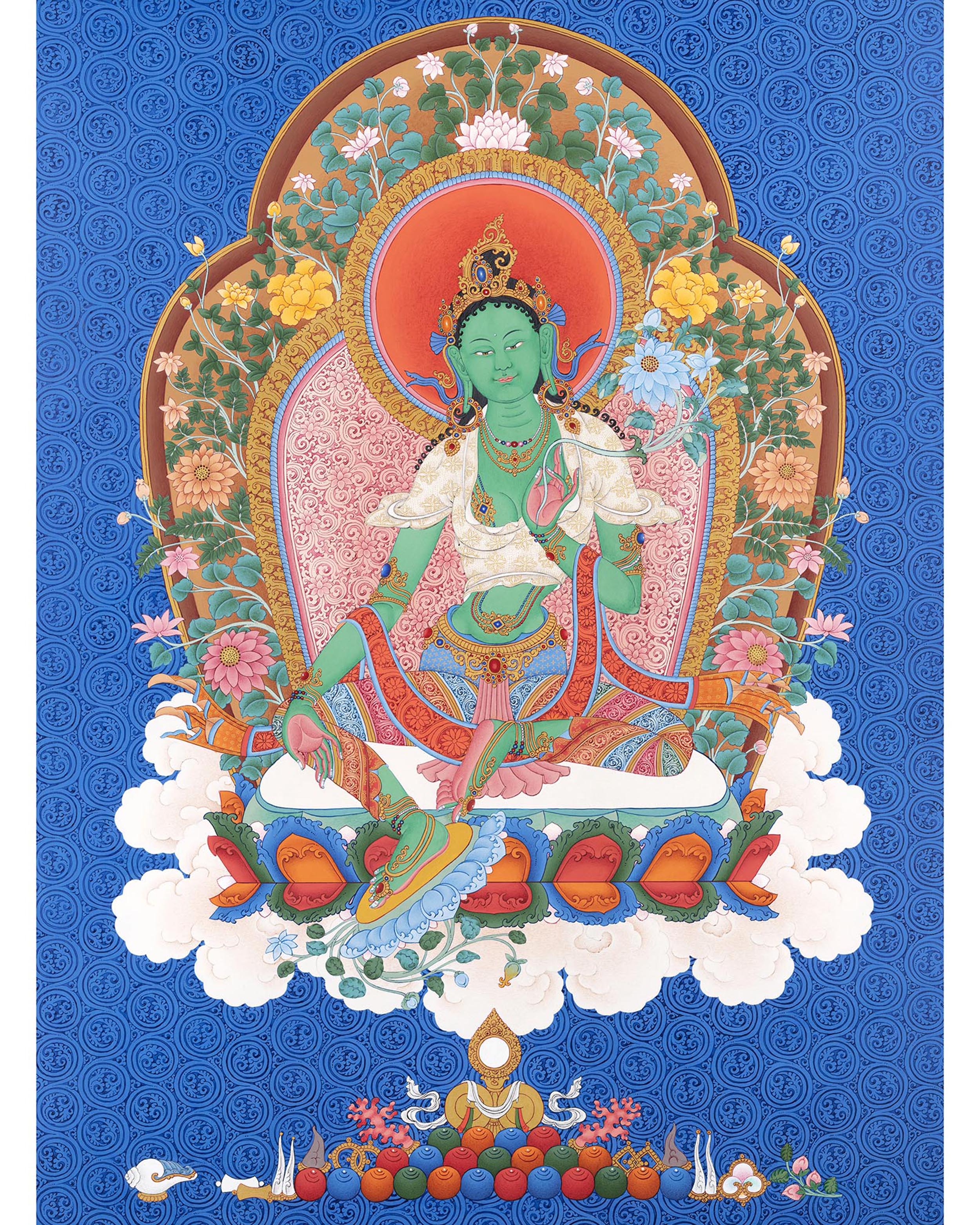Thangka of Green Tara | Compassion and Protection | Silk Brocade Mounted