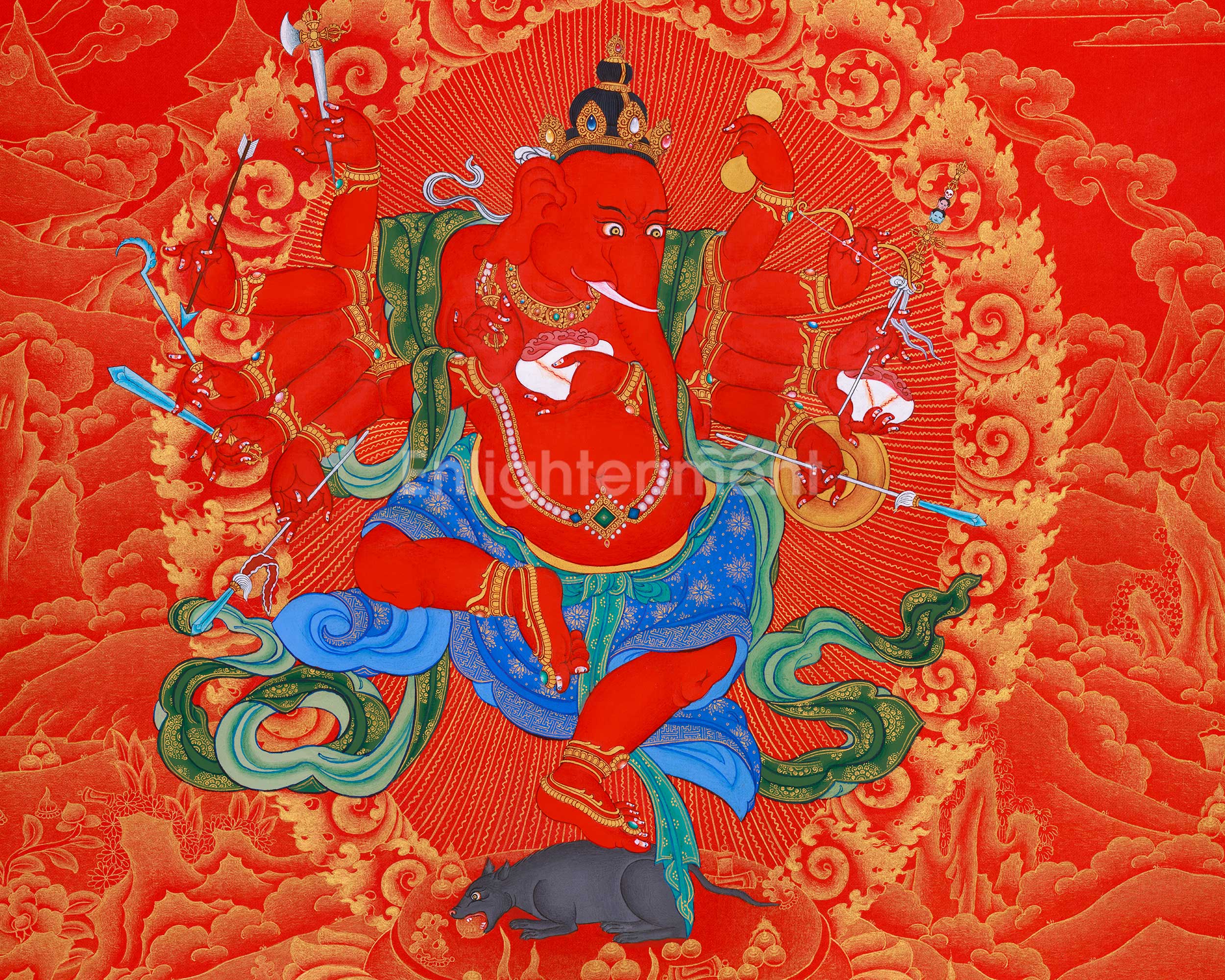 Majestic Red and Gold Ganapati Thangka
