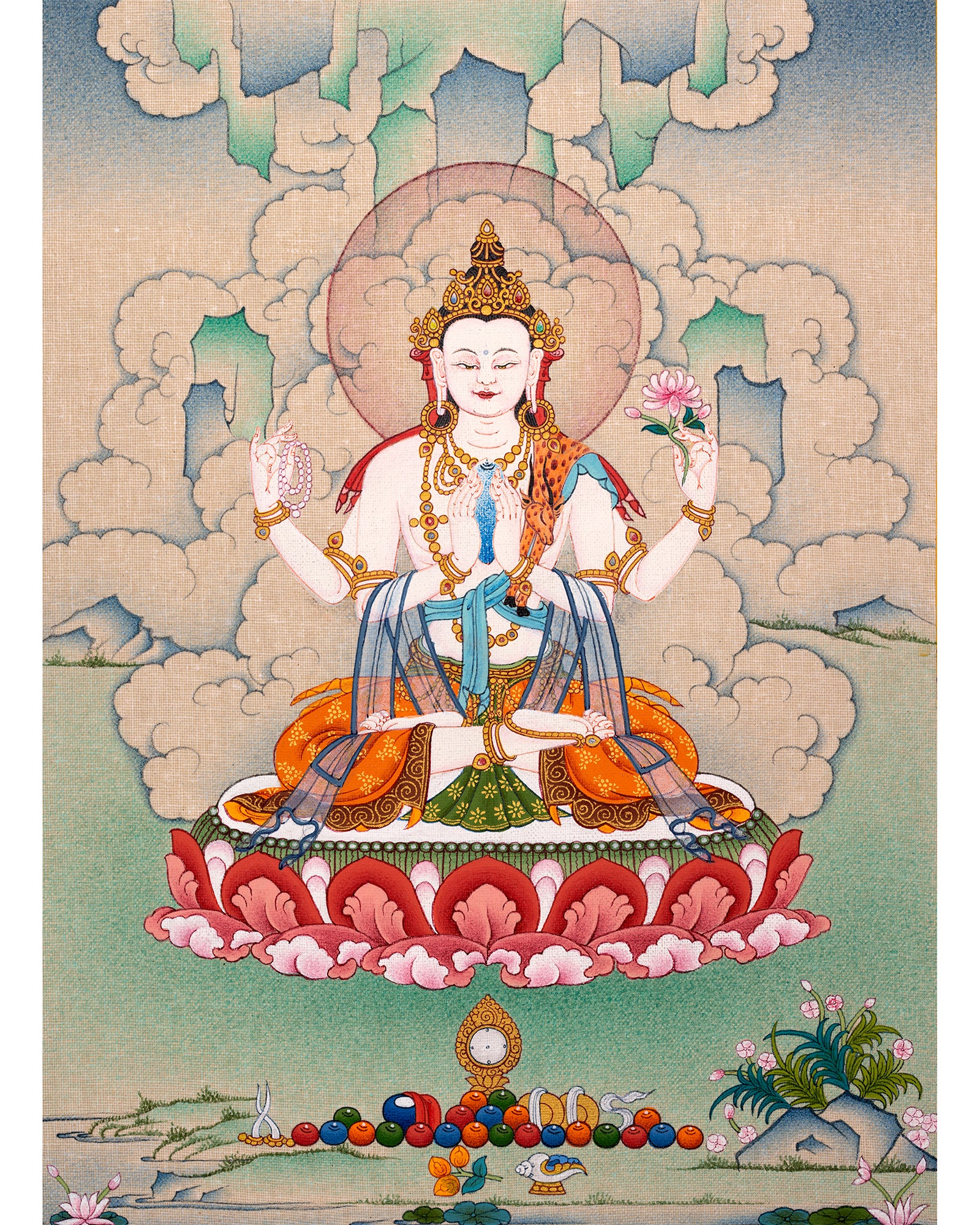 Chenrezig Thangka, 4 Armed Bodhisattva Avalokiteshvara ,Hand-painted Tibetan Painting
