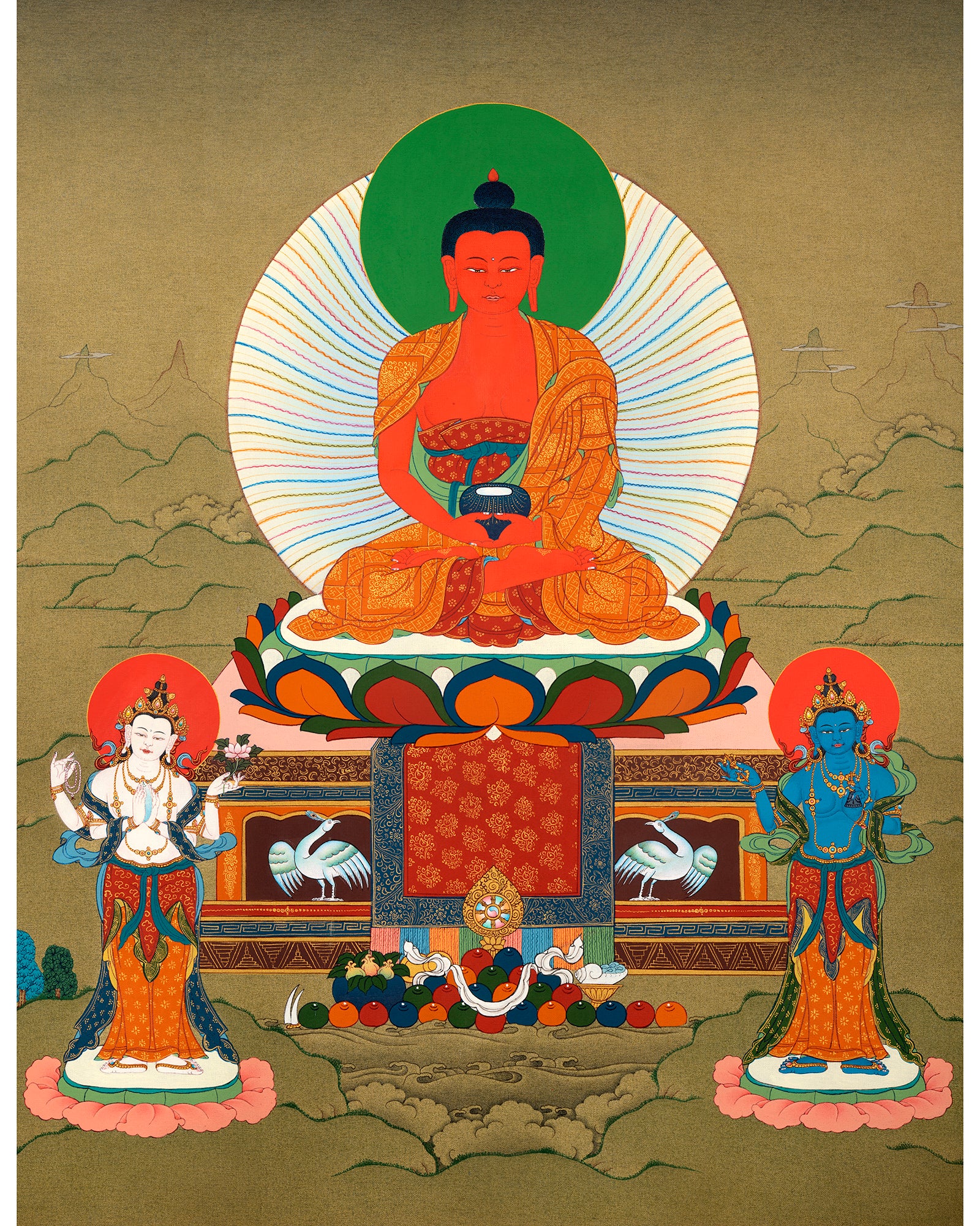Amitabha Buddha, Chenrezig and Vajrapani | Hand Painted | Tibetan Thangka Art