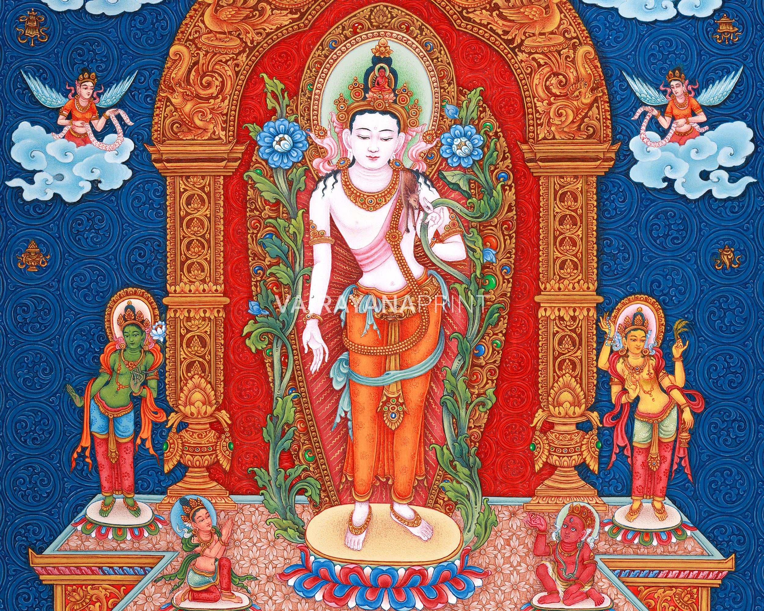 Standing Avalokiteshvara (Guanyin) Thangka Print | 5 Dhyani Buddhas | High-Quality Giclee Print for Meditation | Paubha Painting