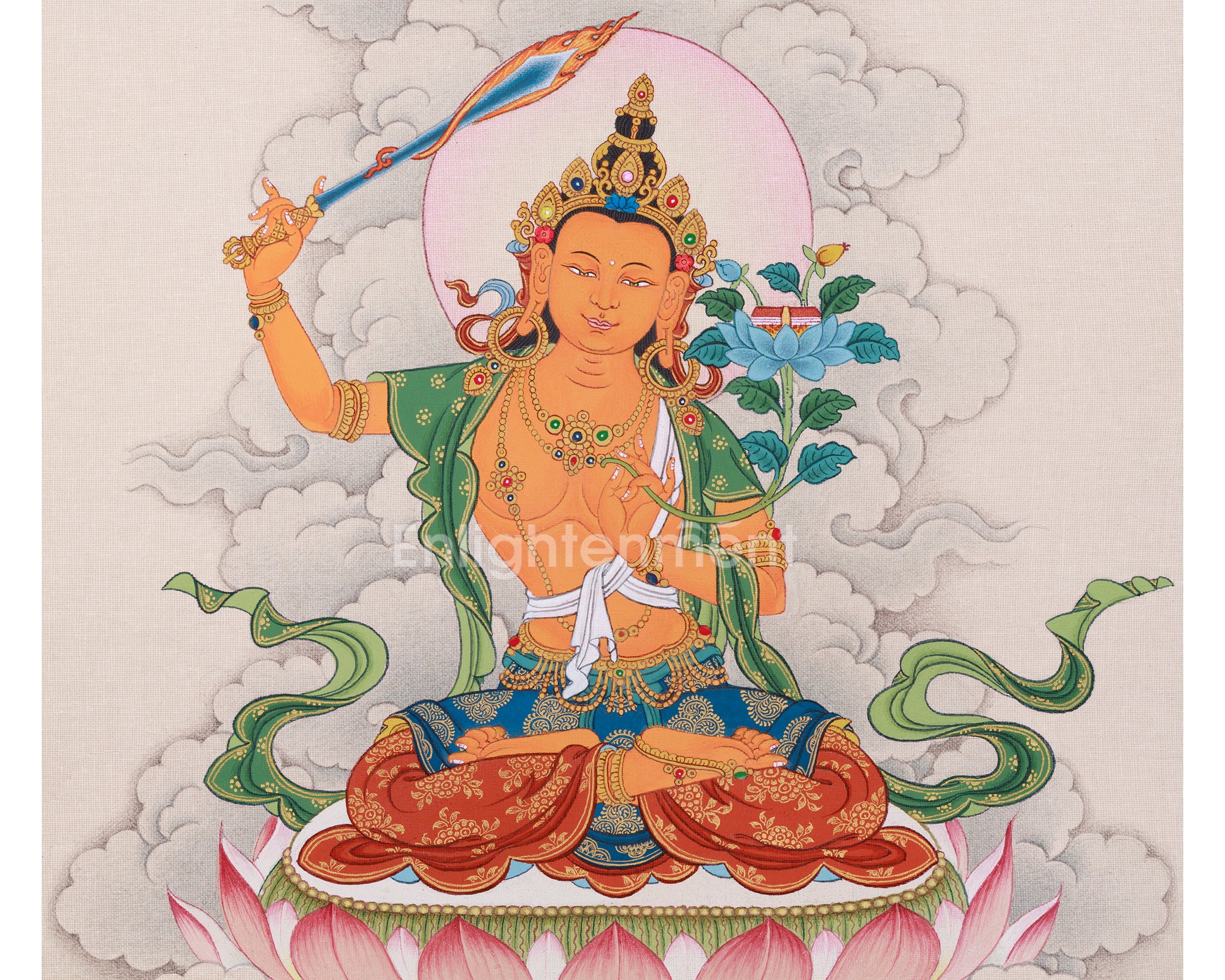 Sacred Compact Manjushri Thangka | Wisdom, Insight & Spiritual Awakening