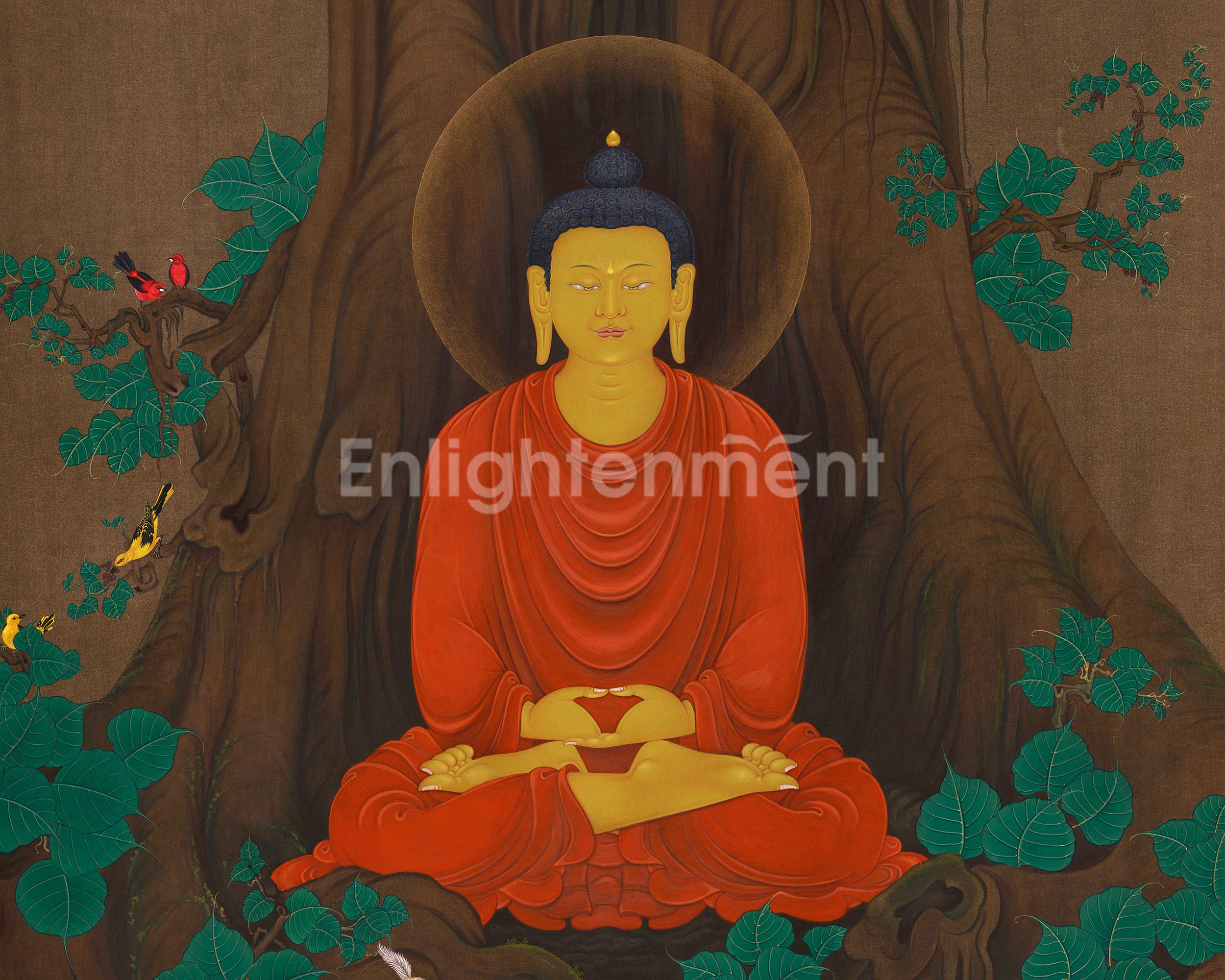 Majestic Shakyamuni Buddha Under Tree Thangka Painting | The Enlightened One’s Awakening