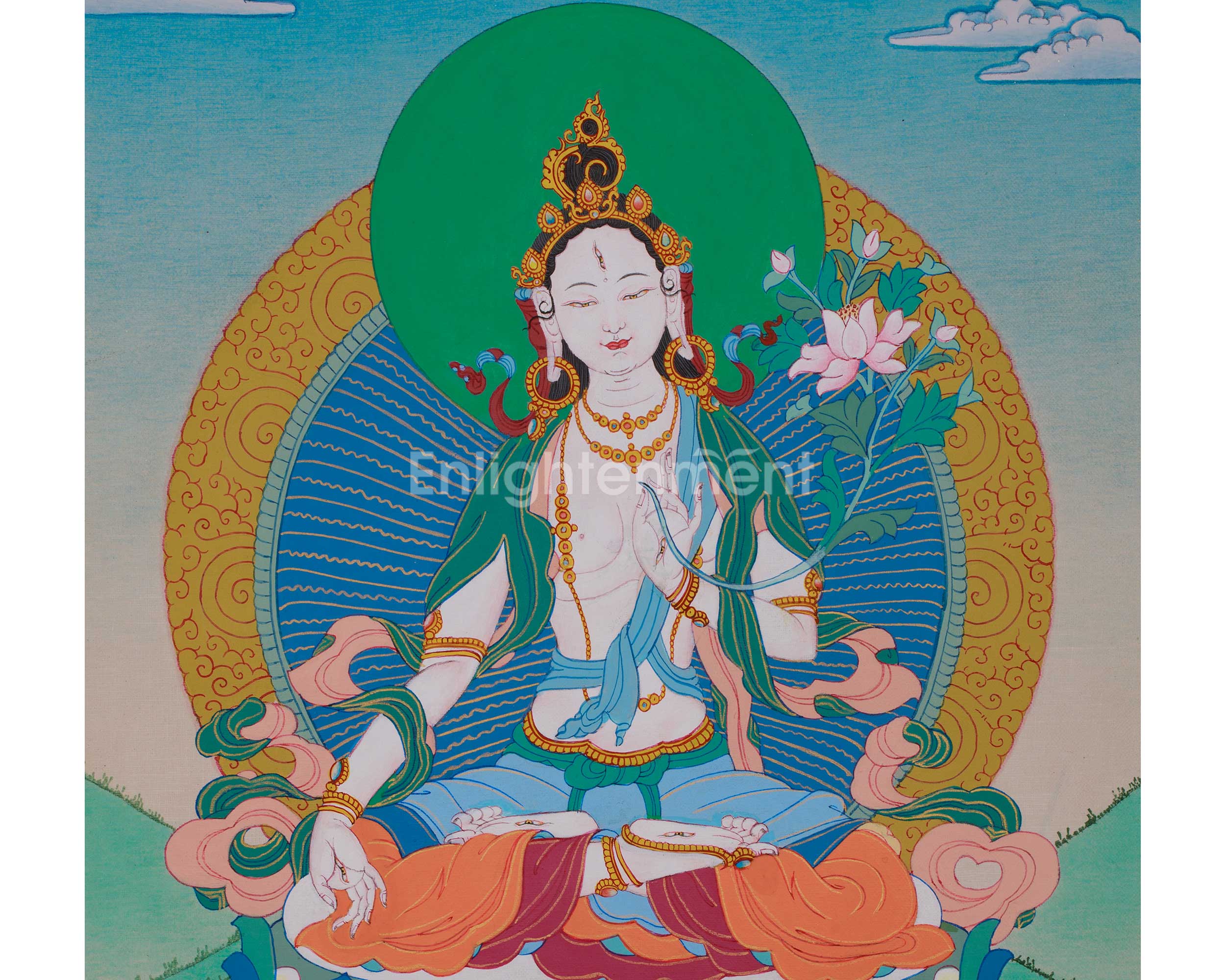 12 Inches White Tara Thangka | Seven-Eyed Goddess of Longevity | Brocade