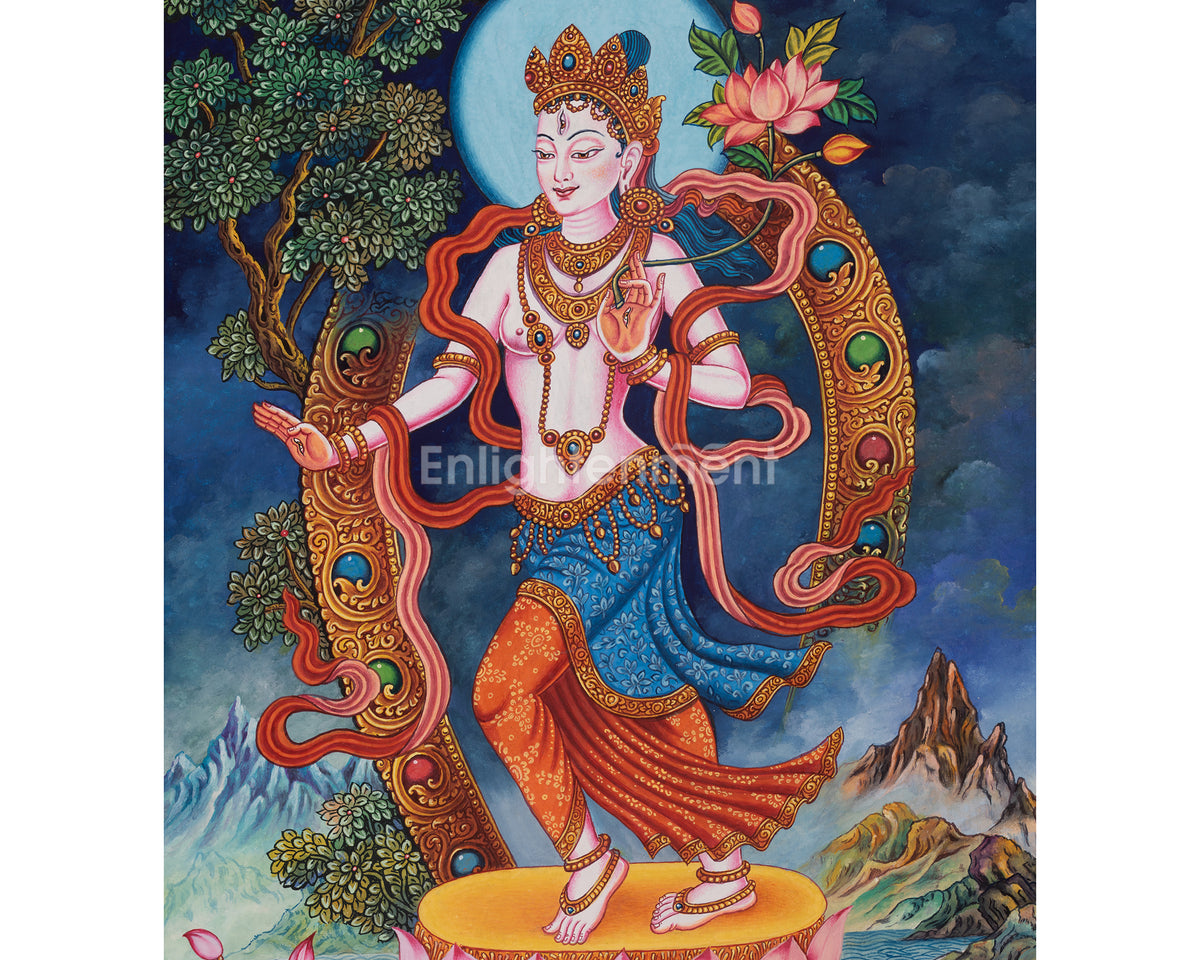 Standing White Tara Artwork | Sacred Himalayan Painting of Compassion and Longevity