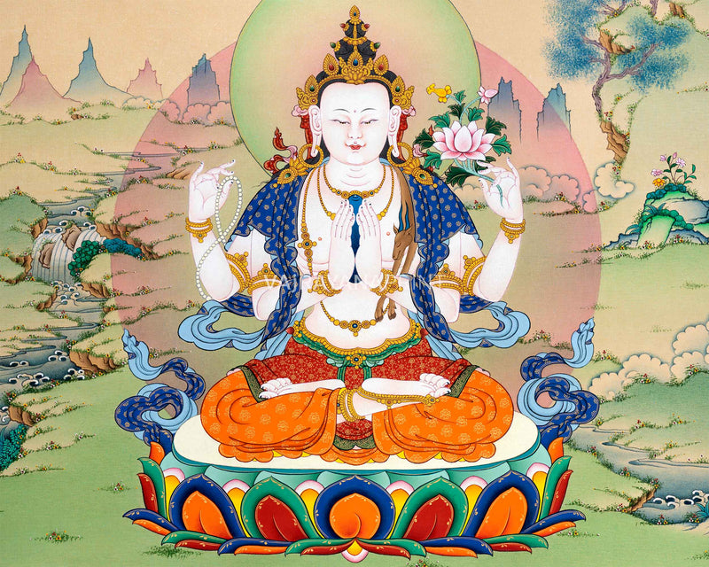 Chenrezig's Thangka Print for Inner Tranquility | The Bodhisattva of Compassion | Art Illuminating Your Space
