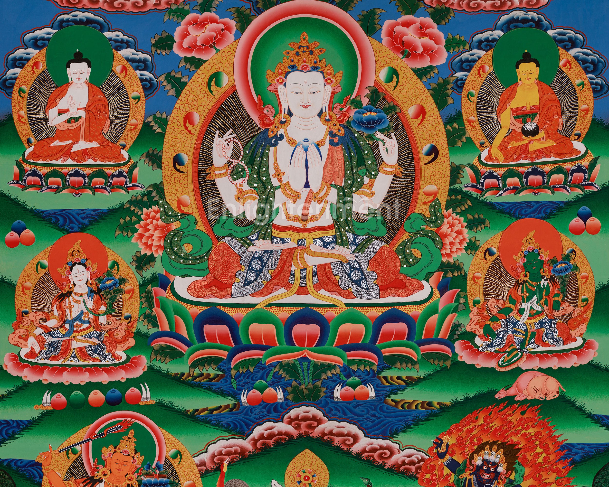 Divine Thangka of Chenrezig | Avalokiteshvara, 5 Dhyani Buddhas, White Tara, Green Tara, Manjushri & Vajrapani