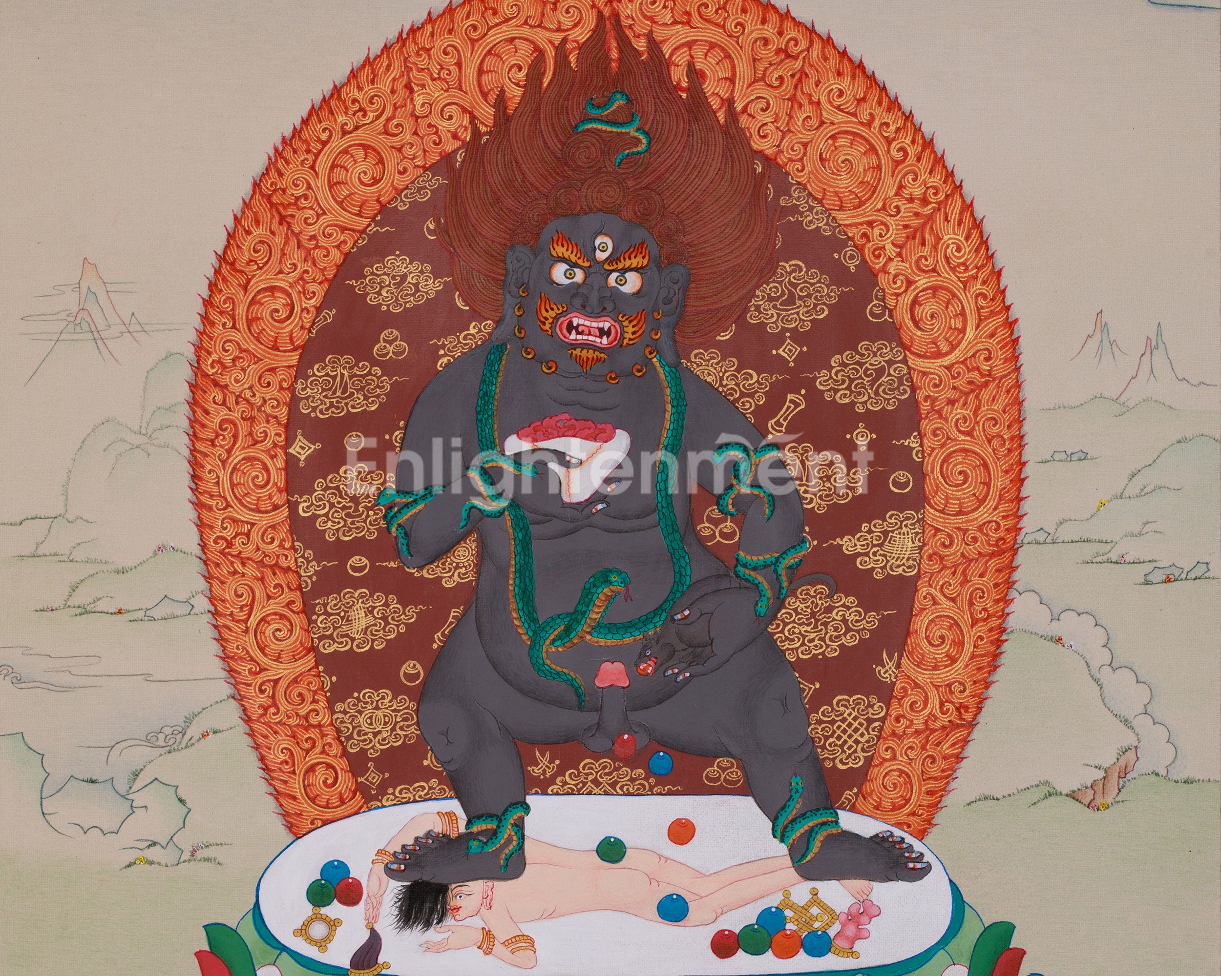Tibetan Black Dzambhala Thangka | The Divine Guardian of Abundance and Spiritual Growth