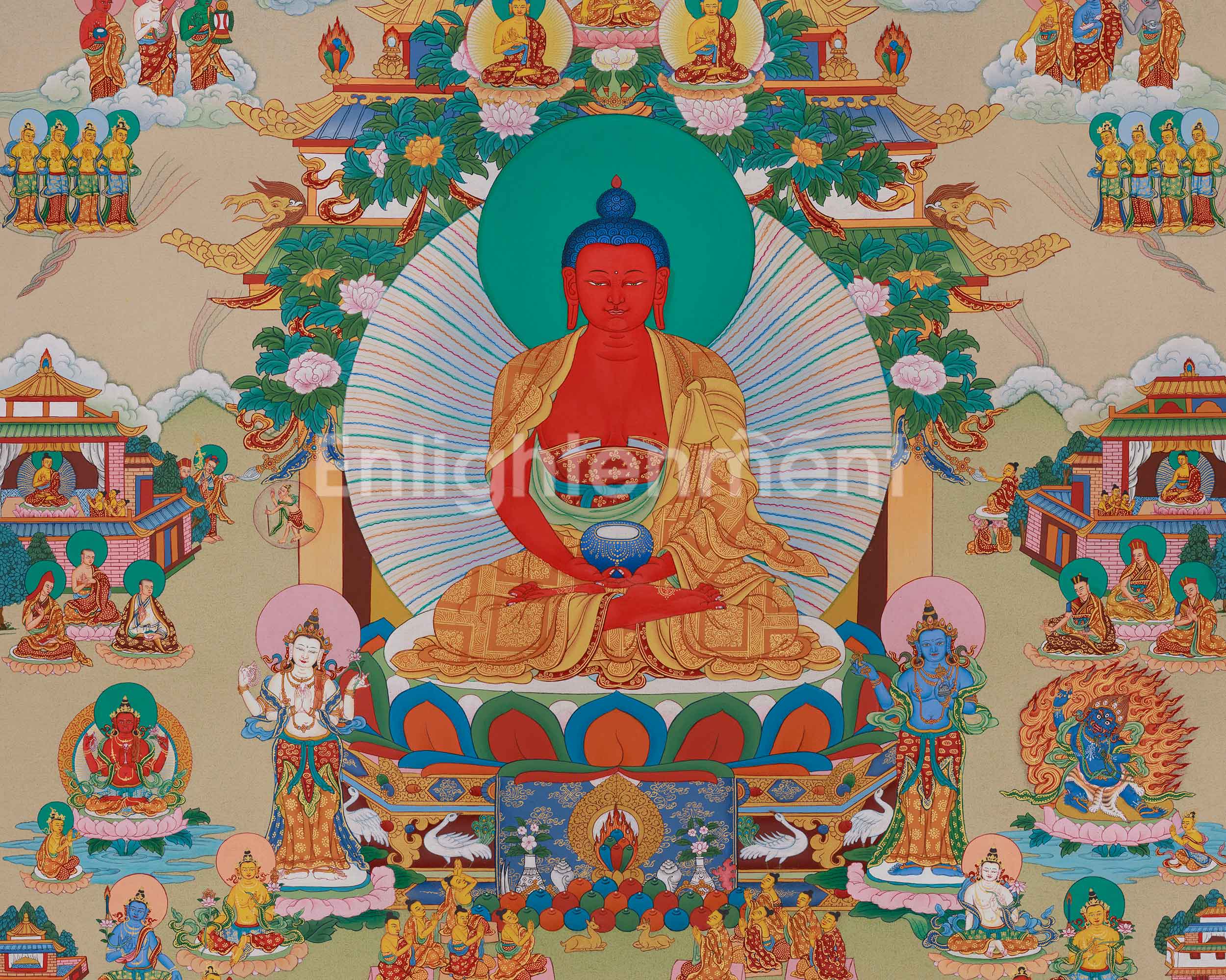 Himalayan Amitabha Singham Thangka | Pure Land Blessings