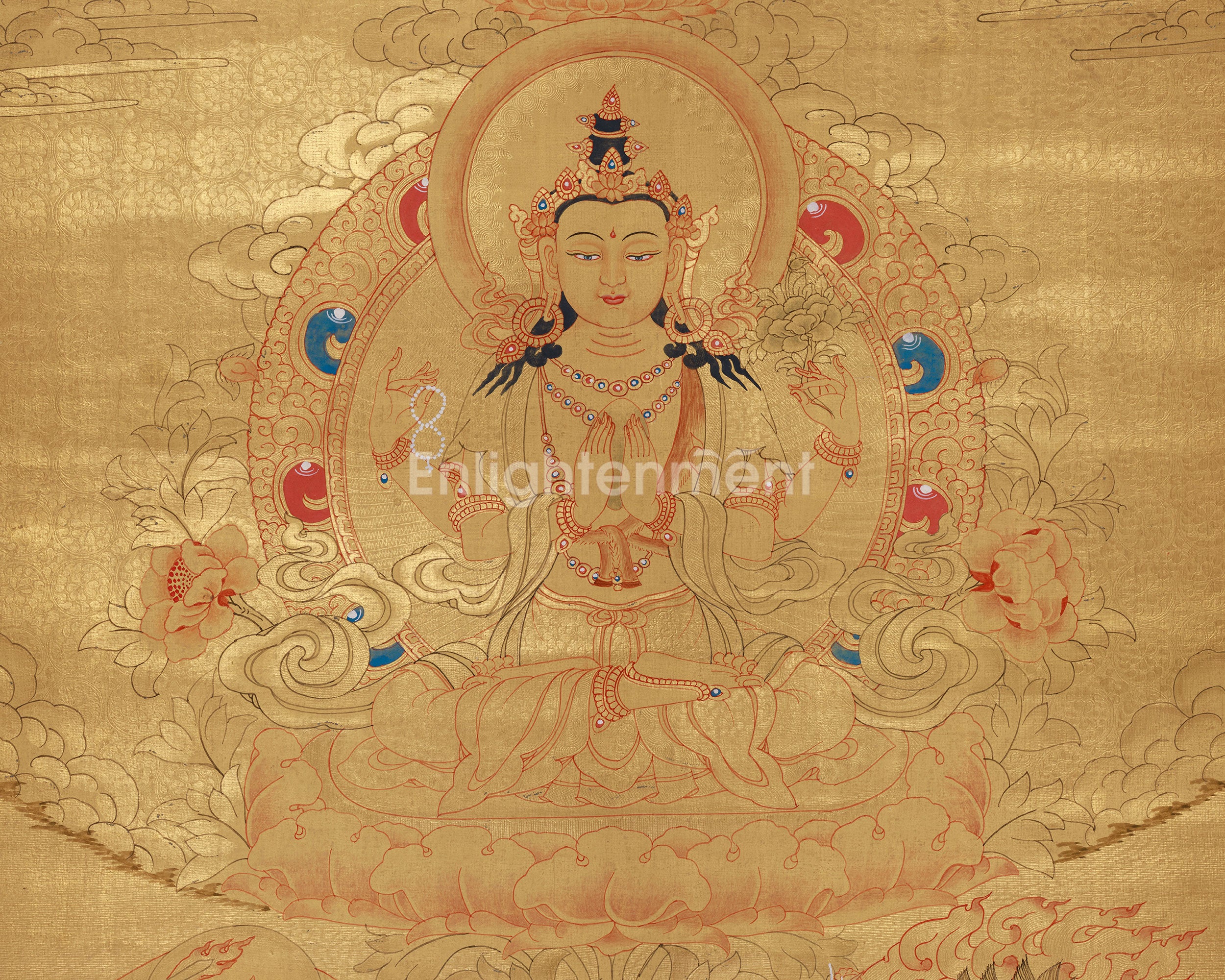 Traditional Thangka Of Four-Armed Chenrezig | With Buddha and Other Bodhisattvas