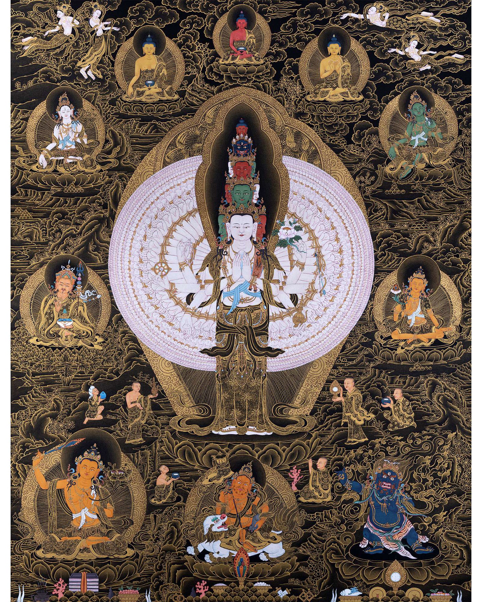 1000 Armed Chenrezig With Guru Rinpoche And Others | Tibetan Thangka Painting