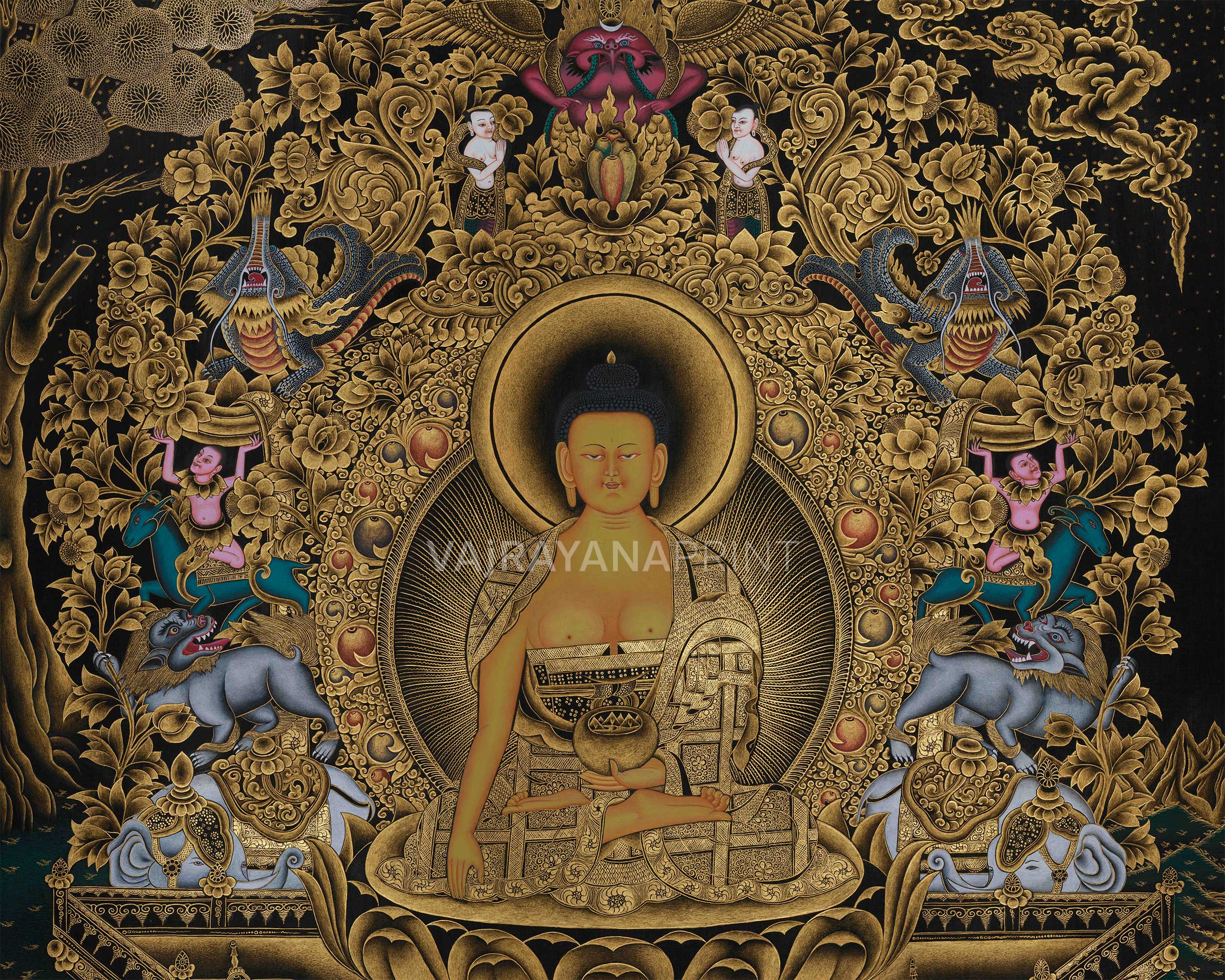 Founder of Buddhism, Siddhartha Gautama | Gold on Black Canvas | Giclée Print of the Buddha
