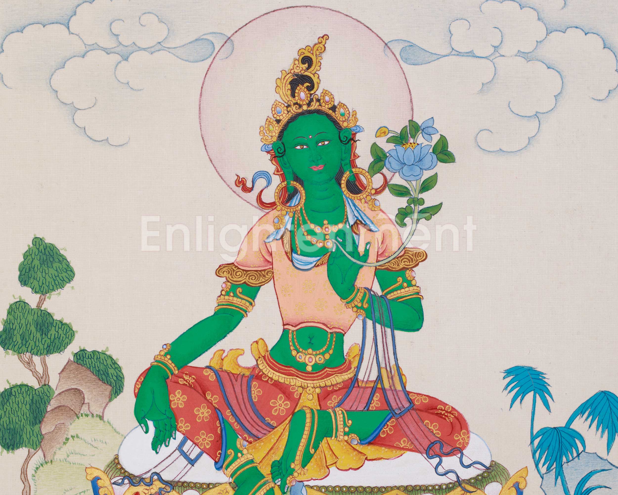 Hand-Painted Buddhist Goddess Green Tara Painting | Compassionate Protector