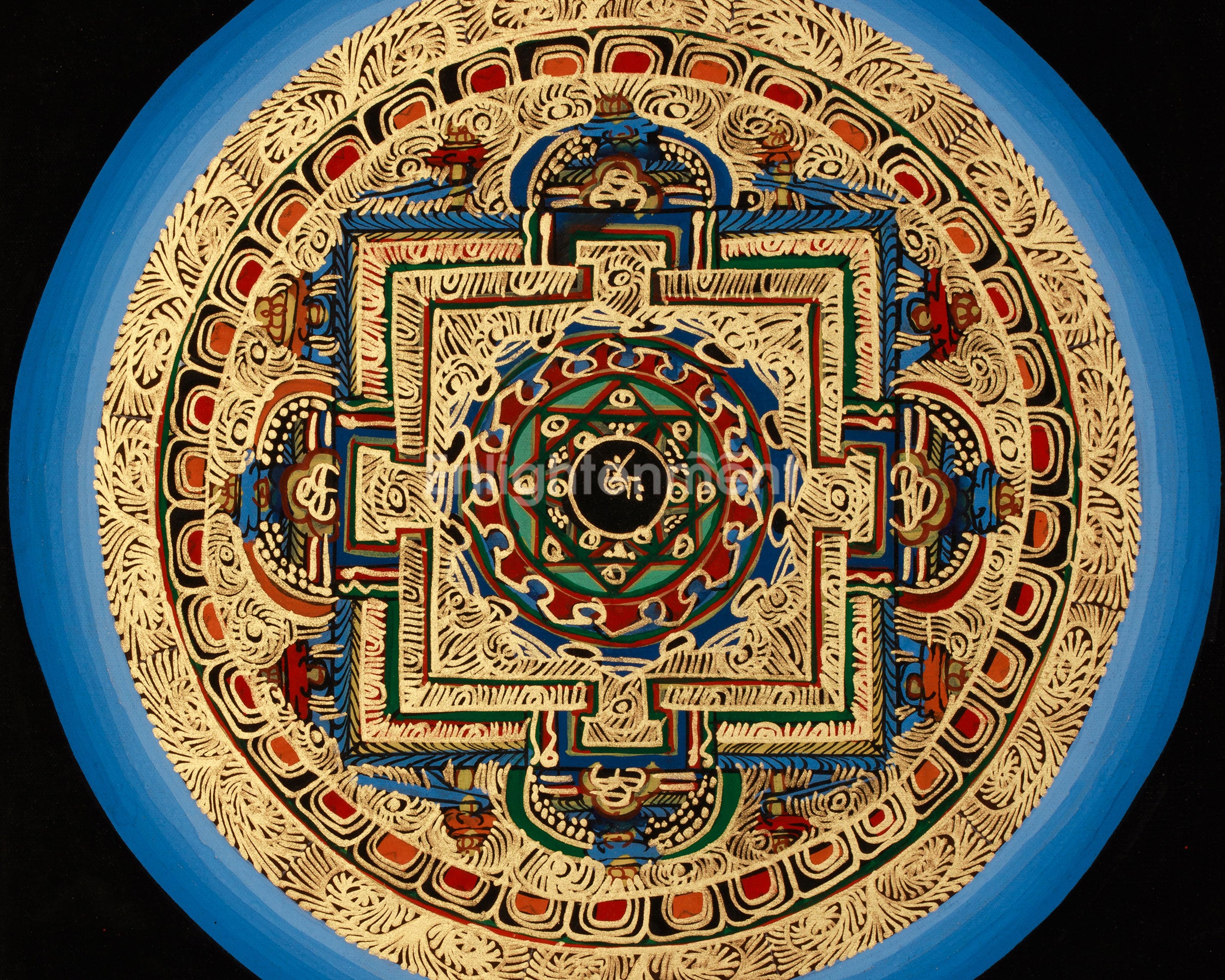 Gold-Embellished Om Mandala Thangka | Spiritual Meditation Art