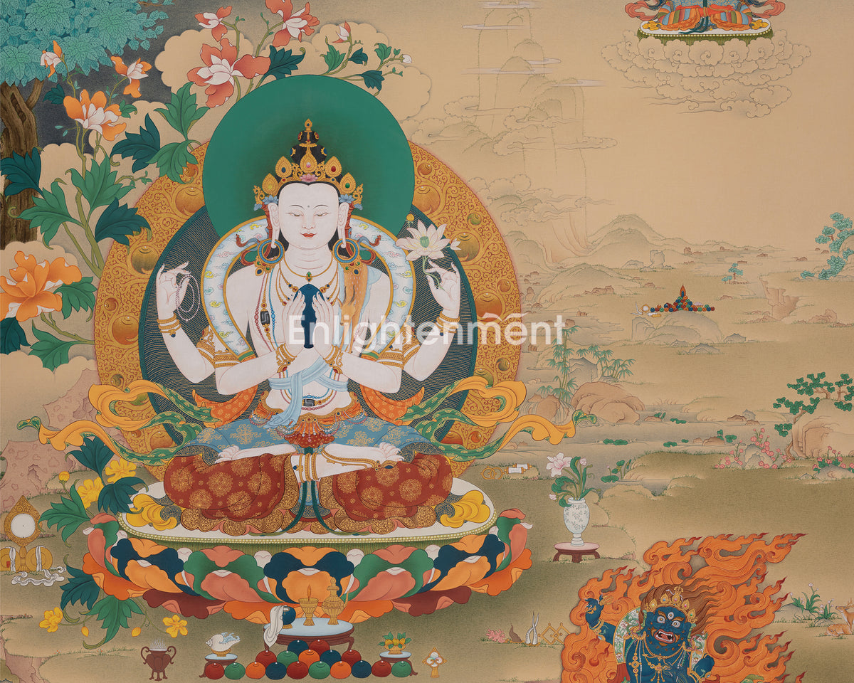 Chenrezig With Vajrapani and Manjushri Art | Symbol of Compassion, Spiritual Strength, and Wisdom