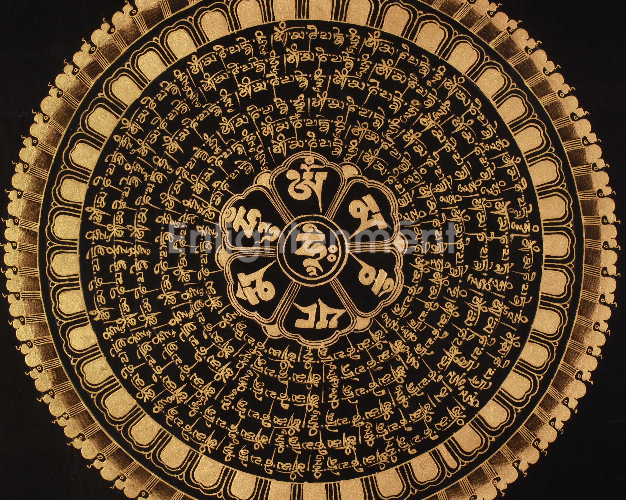 Buddhist Gold and Black Mantra Mandala | Tibetan Meditation and Devotional Painting