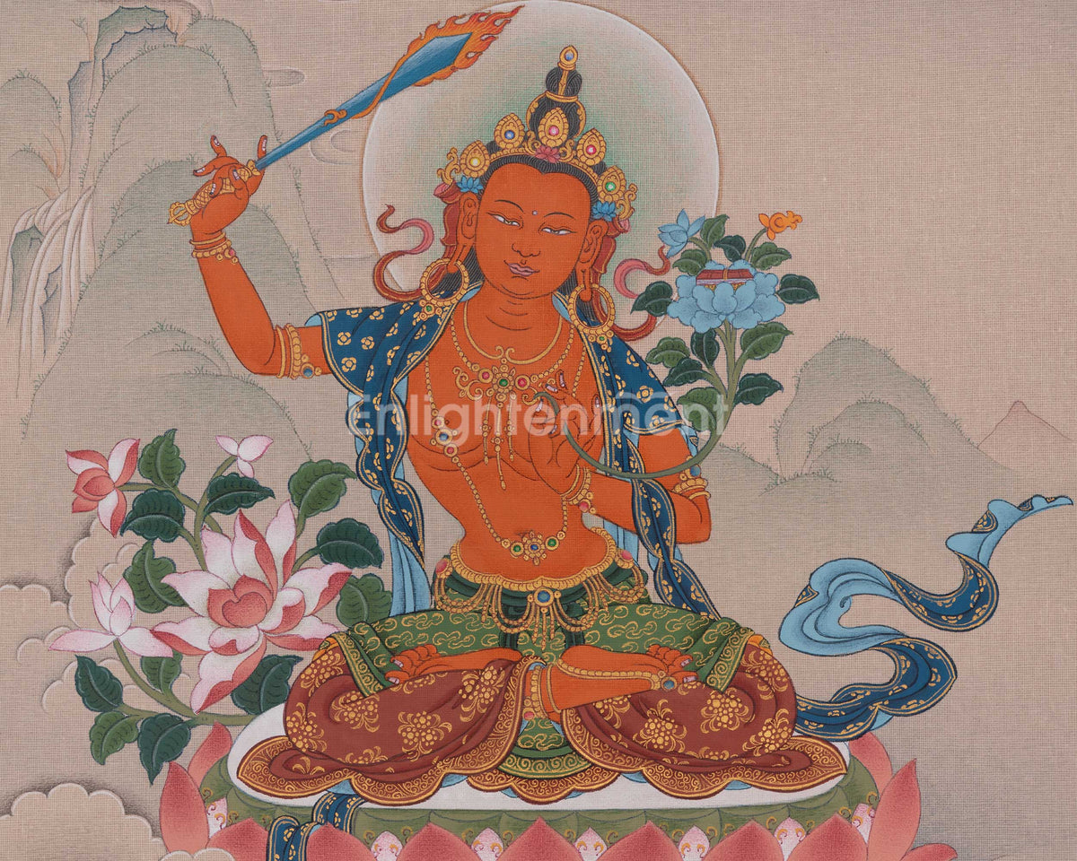 Buddhist Manjushri Meditation Art | Sword Of Wisdom | Bodhisattva Deity Thangka