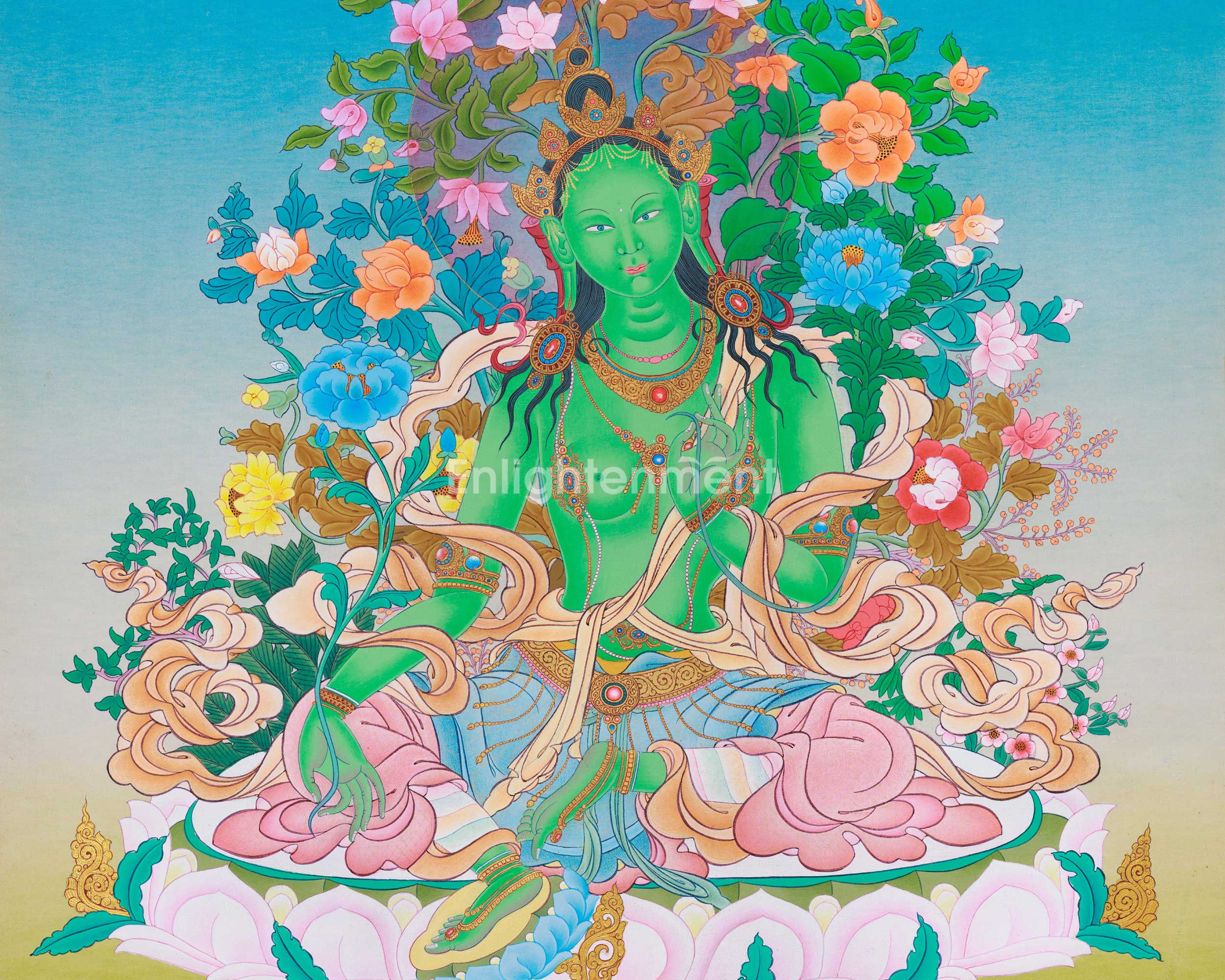 Green Tara Thangka Art | Karma Gadri Style Painting | Himalayan Wall Decor