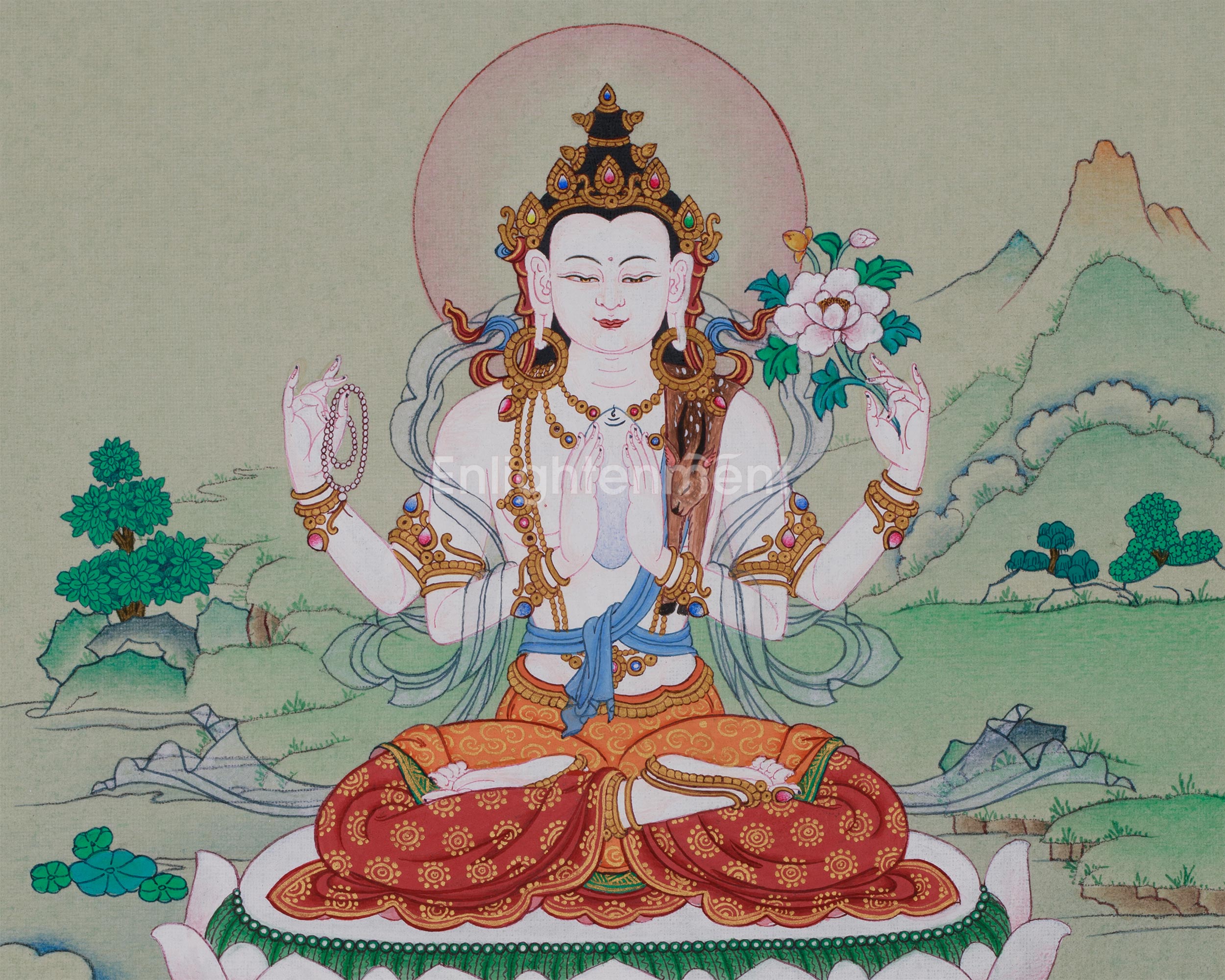 Hand-Painted Mini Chenrezig Thangka | Tibetan Buddha Art of Compassion and Protection