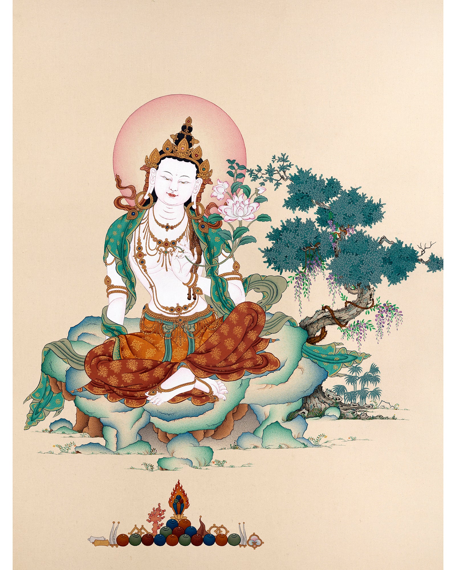 Chenrezig Thangka | 2 Armed Avalokiteshvara in Natural Stone Colors and 24K gold