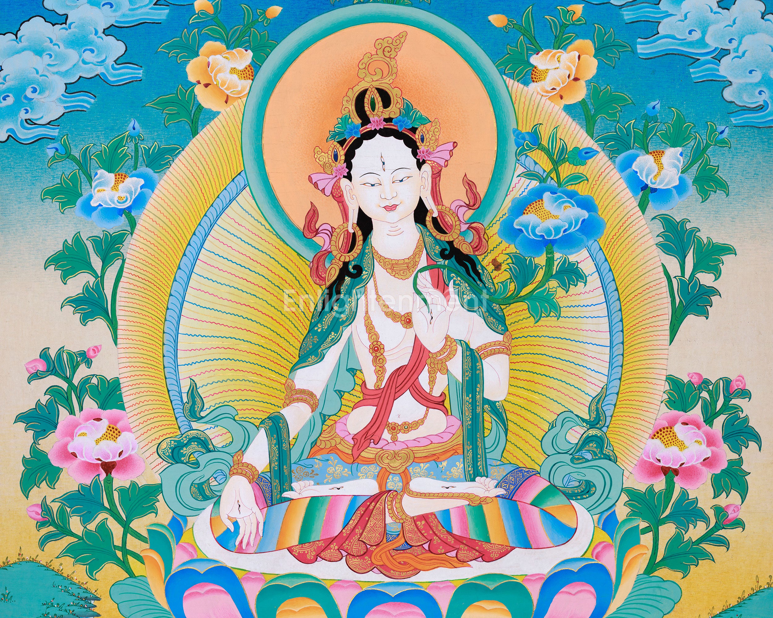 White Tara with Amitayus Buddha Art | Sacred Tibetan Longevity Thangka