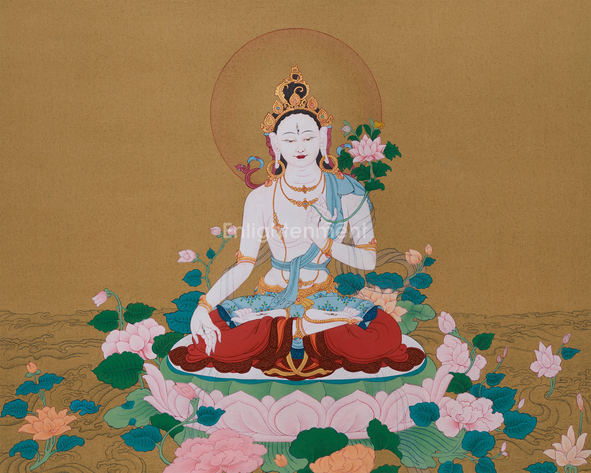 Female Bodhisattva White Tara Thangka | Karma Gadri Artwork | 24K Gold Accents
