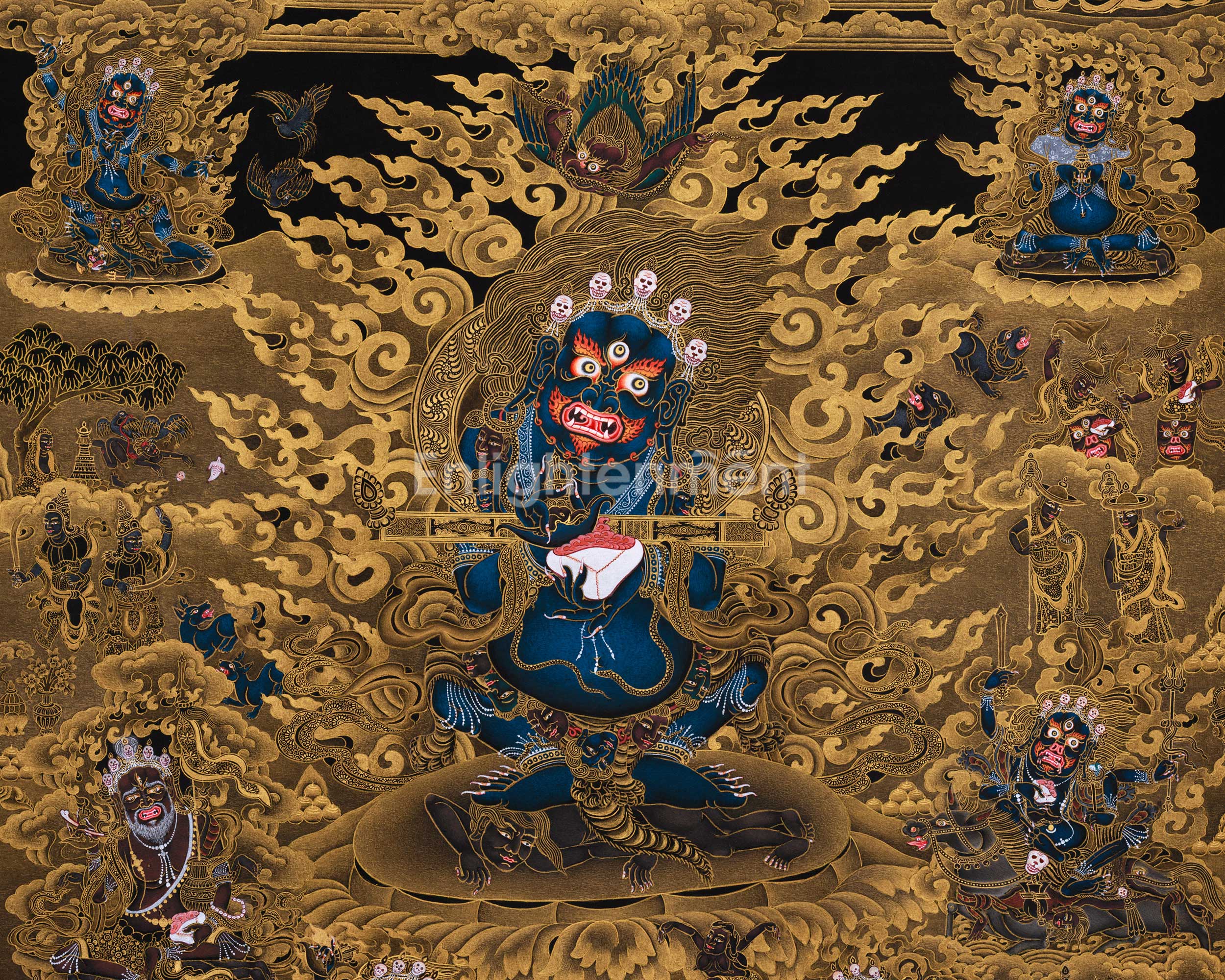Sakya Mahakala with Retinue, Gold Thangka