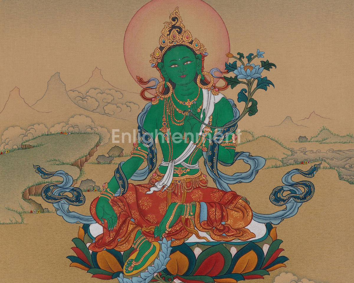 Green Tara with Amitabha Buddha Artwork | Embodies Swift Compassion | Infinite Light