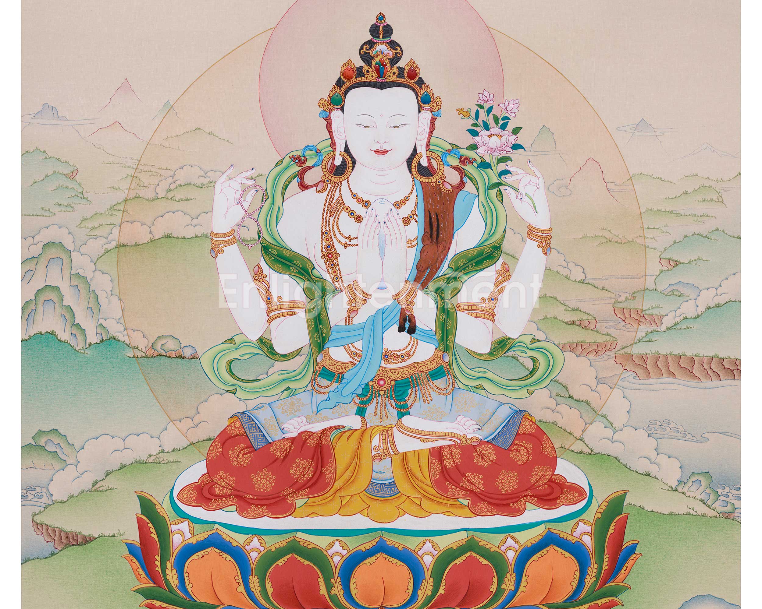 18 Inch Traditional Avalokiteshvara Thangka | Divine Artwork of the Bodhisattva of Mercy