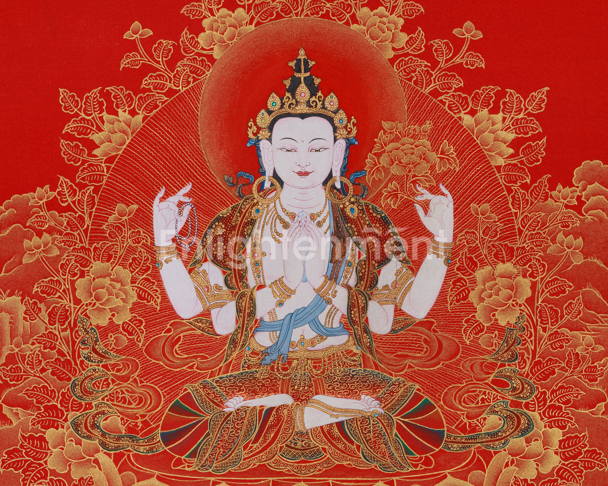 Golden Grace on Red, 4 Arms Avalokiteshvara Thangka, Deity of Compassion