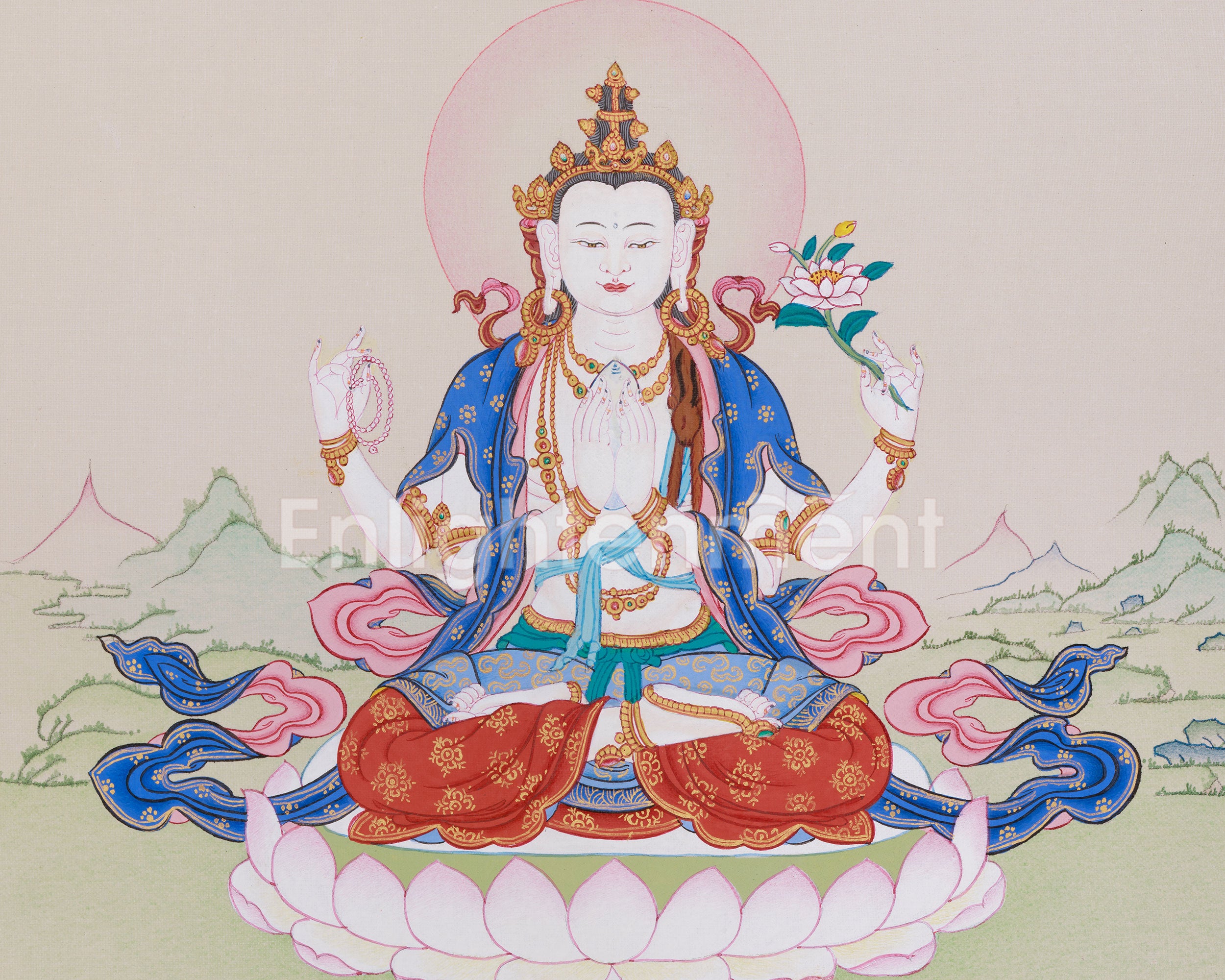 Hand-Painted Four-Armed Chenrezig Thangka | Bodhisattva of Infinite Compassion
