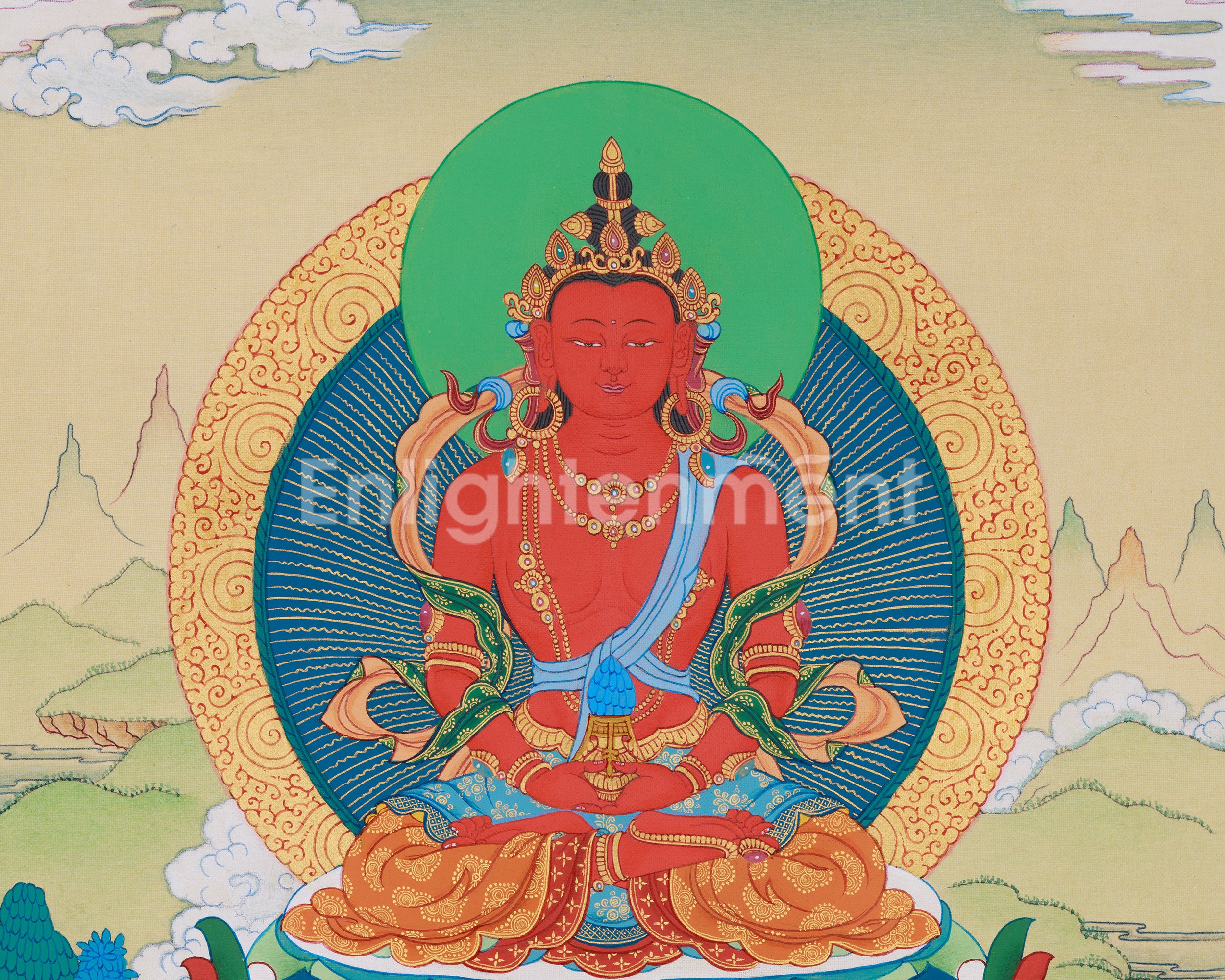 Radiant Red Buddha Amitayus Thangka | Enlightened One Bestowing Longevity & Peace
