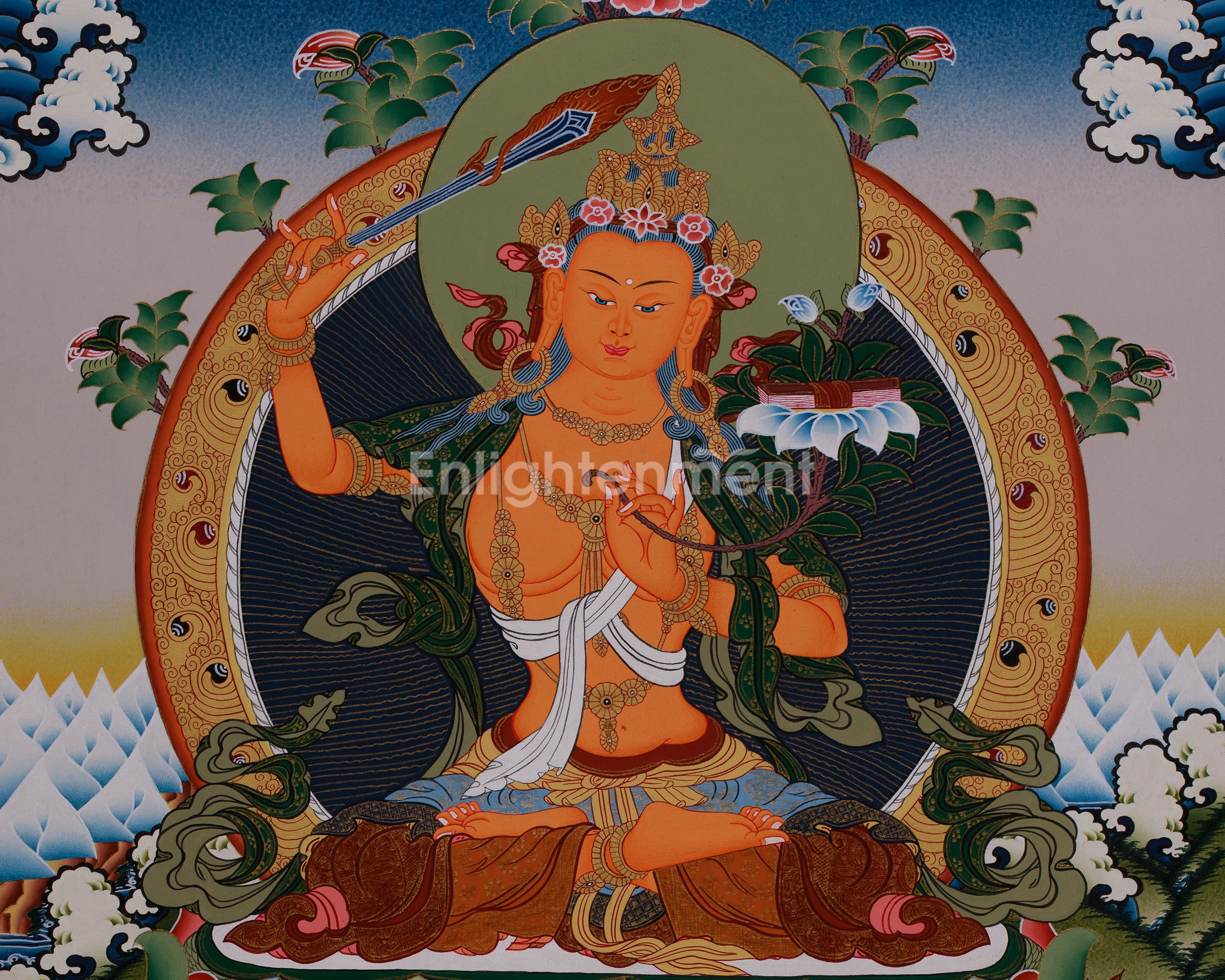 Enlightened Manjushri Thangka | Wisdom Buddha with Chenrezig and Vajrapani