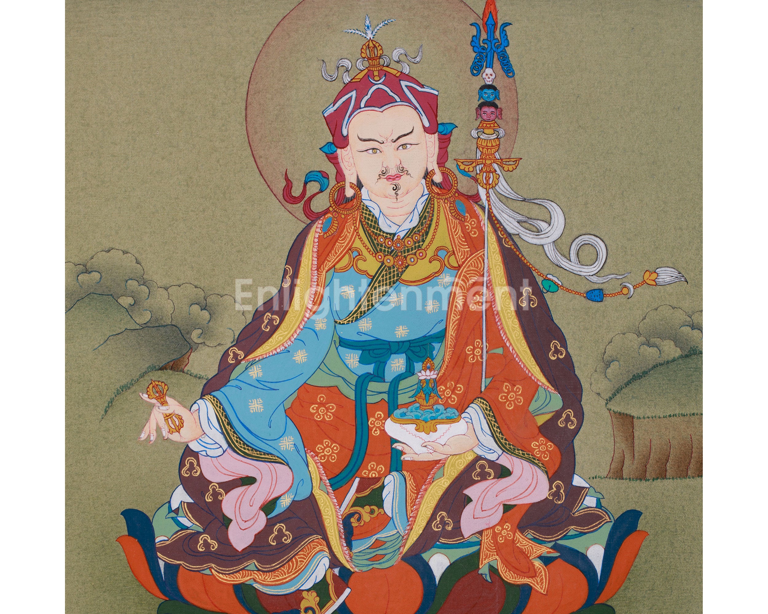 Tibetan Guru Rinpoche Painting with Brocade | Padmasambhava, the Second Buddha of Tibet