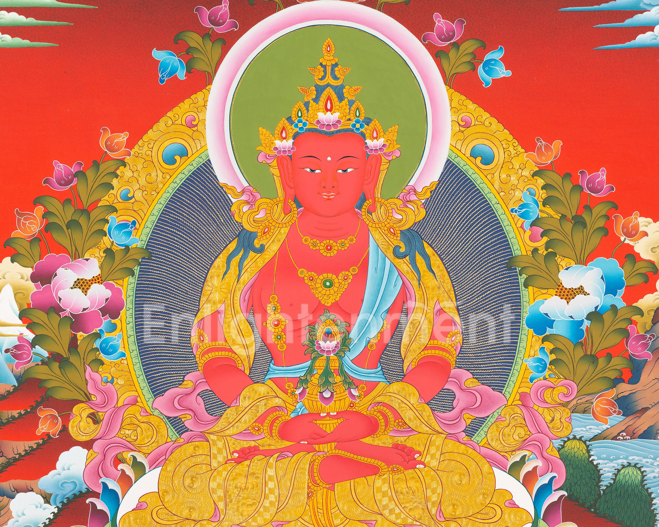 Hand-Painted Amitayus Buddha Thangka | Buddha of Longevity in Red Background