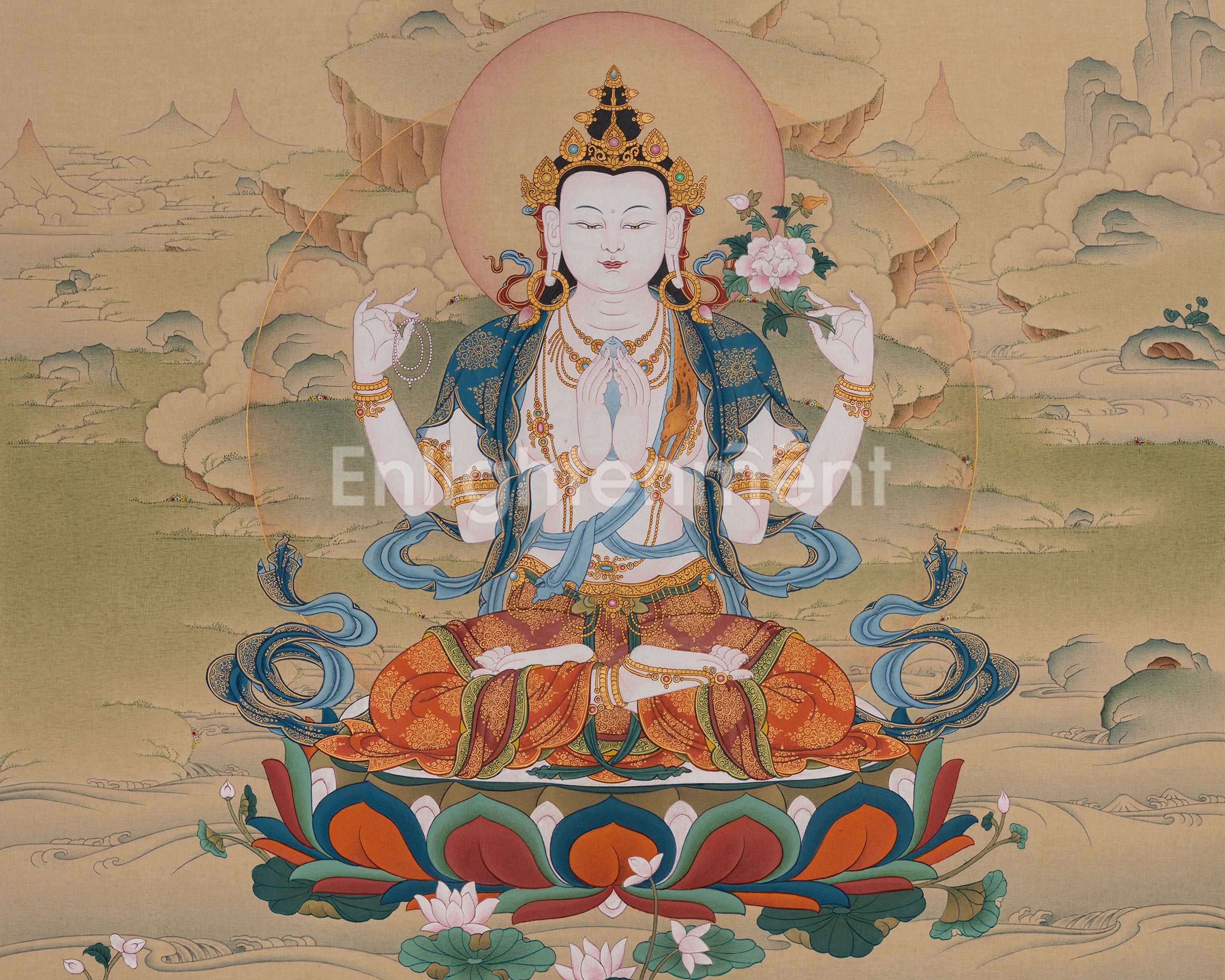 The Compassionate Buddha, Four Armed Chenresig Thangka | Exclusive Artwork with Lhasa Stone Hues