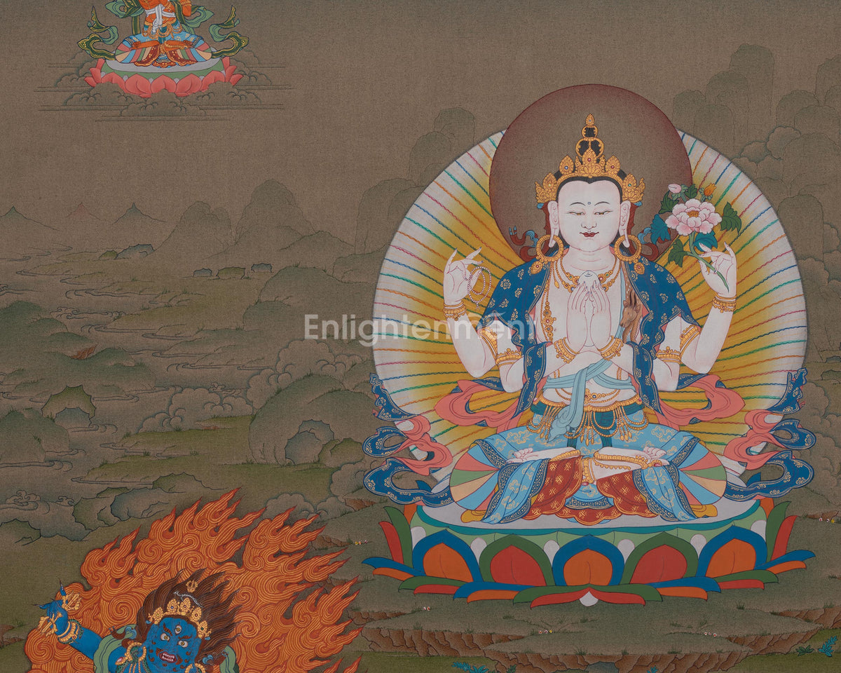 Chenrezig With Manjushri And Vajrapani Thangka | Buddhist Three Bodhisattvas Artwork