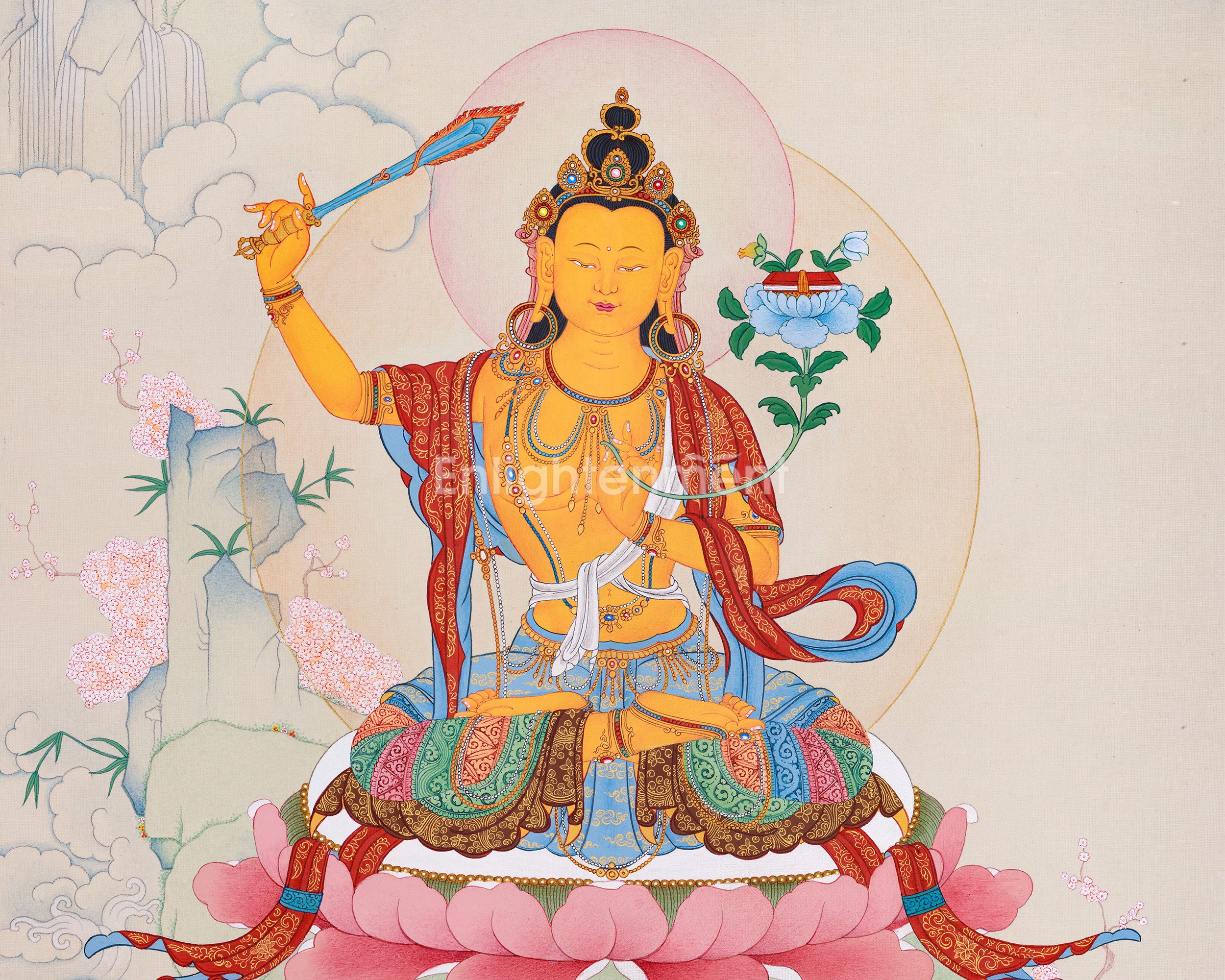 Symbol of Wisdom: Manjushri Thangka | Hand-Painted Tibetan Artwork