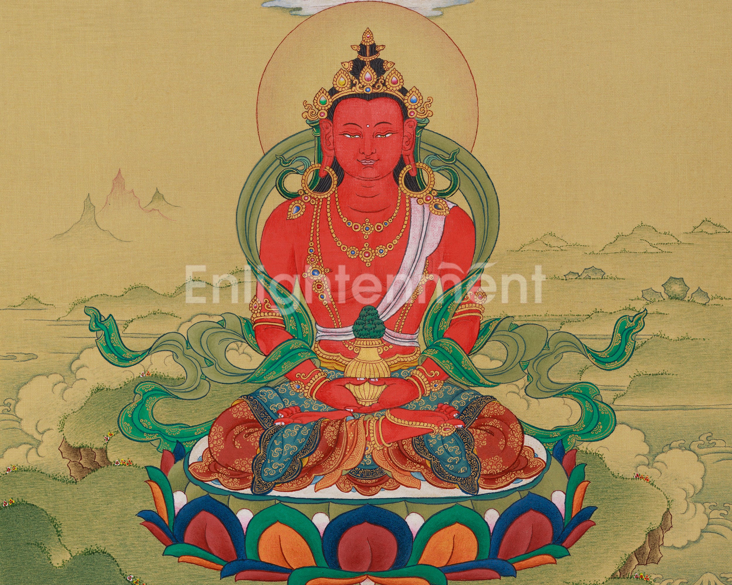 Red Hues Buddhas, Amitayus and Amitabha Artwok | Lhasa Stone Pigments