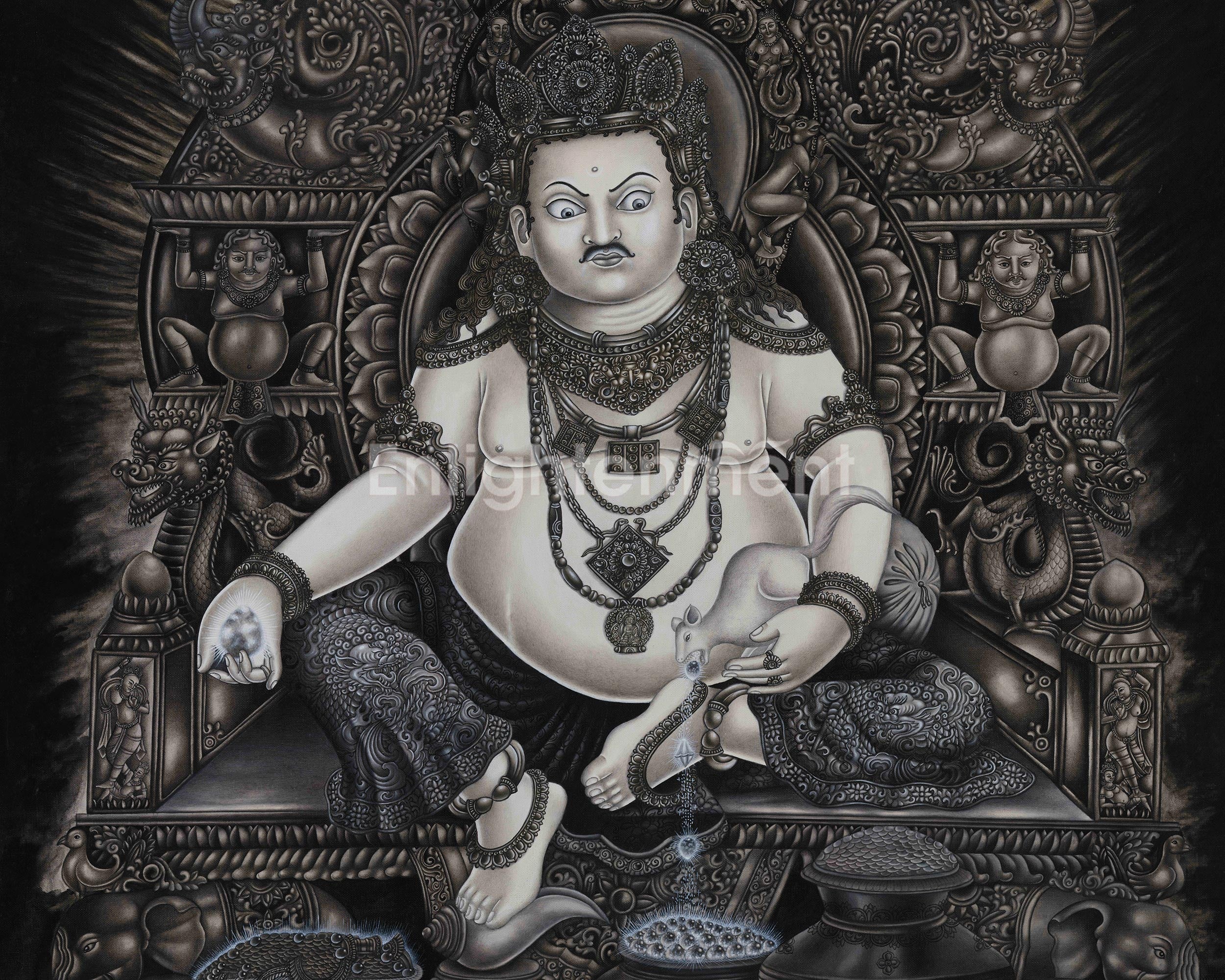 Majestic Kubera, God of Wealth | A Modern Charcoal Thangka Depiction