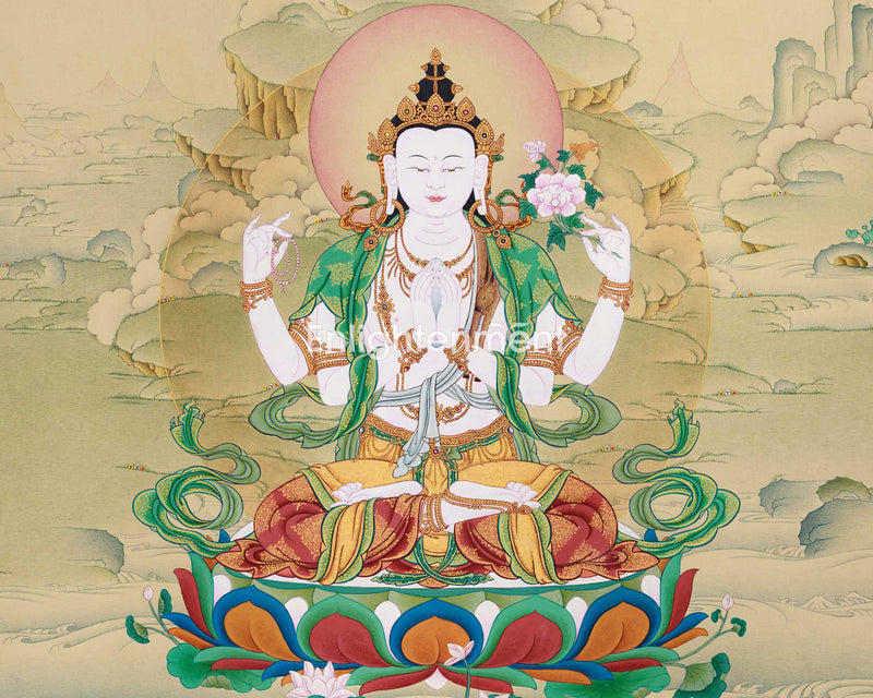 Bodhisattva Chenrezig Thangka | Art Of Compassion | Tibetan Buddhist Decoration