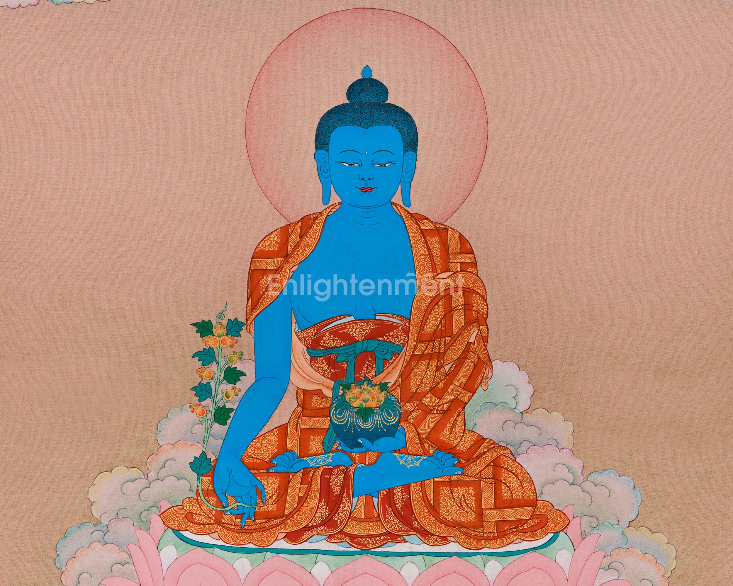 Healing Deity, Medicine Buddha Thangka | 24K Gold & Natural Stone Colors