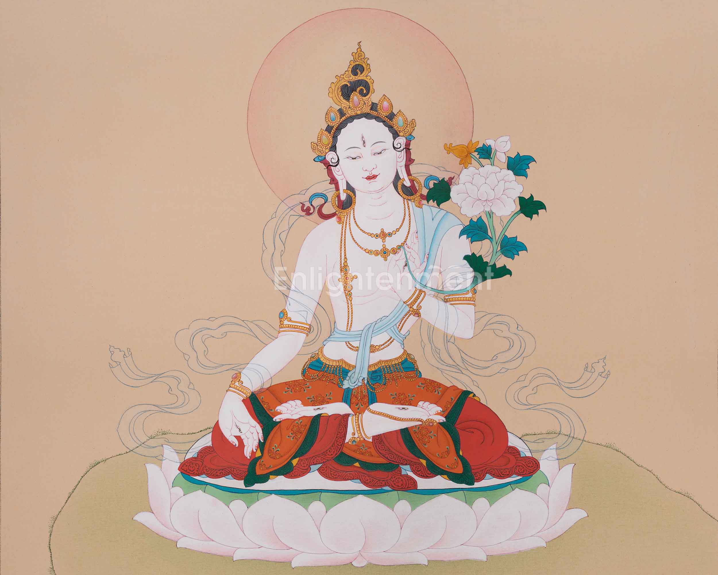 Handmade Longevity Goddess, White Tara Thangka | Female Bodhisattva of Healing