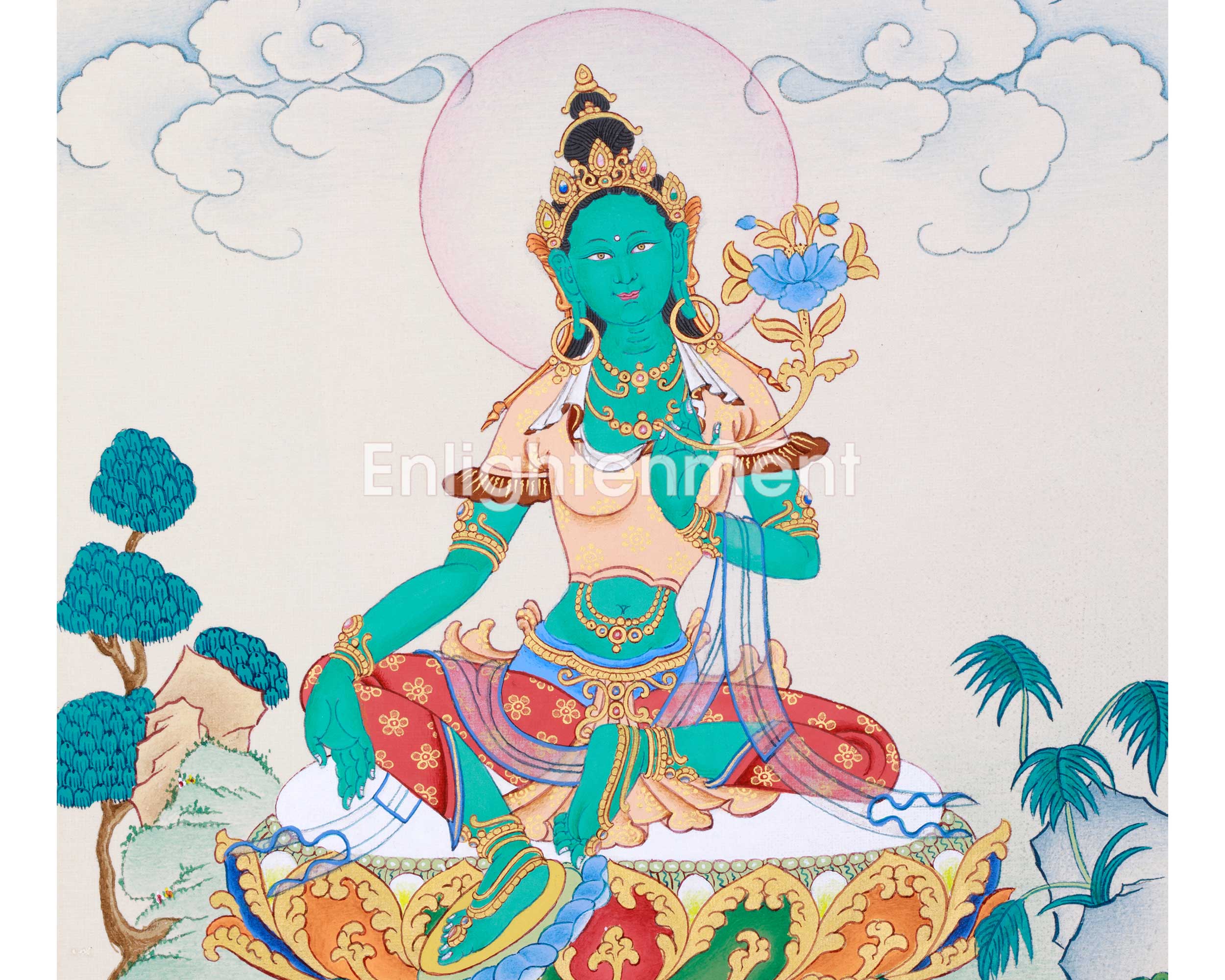 Green Tara Sacred Art | Hand Painted Divine Harmony Thangka | The Goddess of Healing