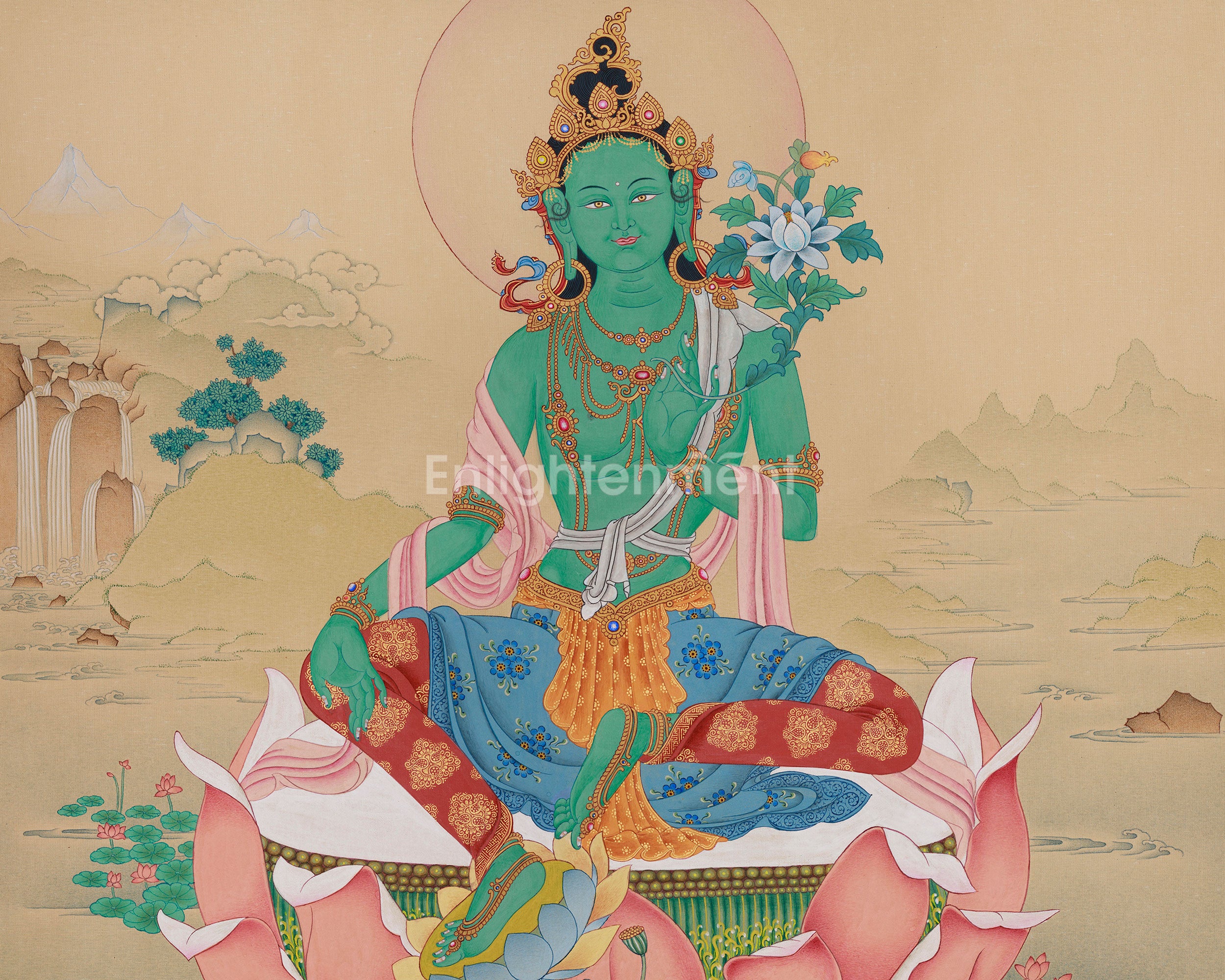 Beautiful Tibetan Female Buddha Green Tara Thangka | The Compassionate Savior of the Universe