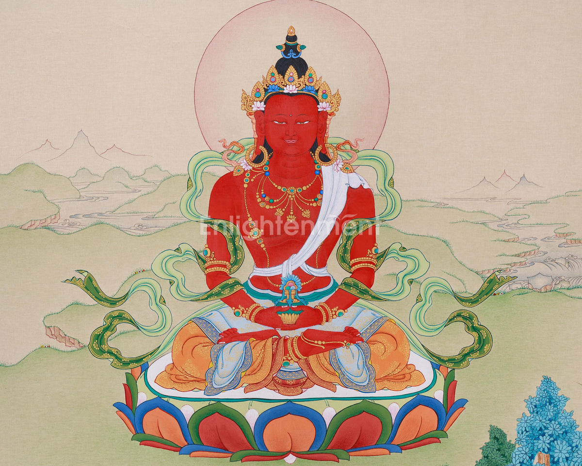 Red Buddha Amitayus | A Sacred Thangka of Longevity, Healing, and Wisdom